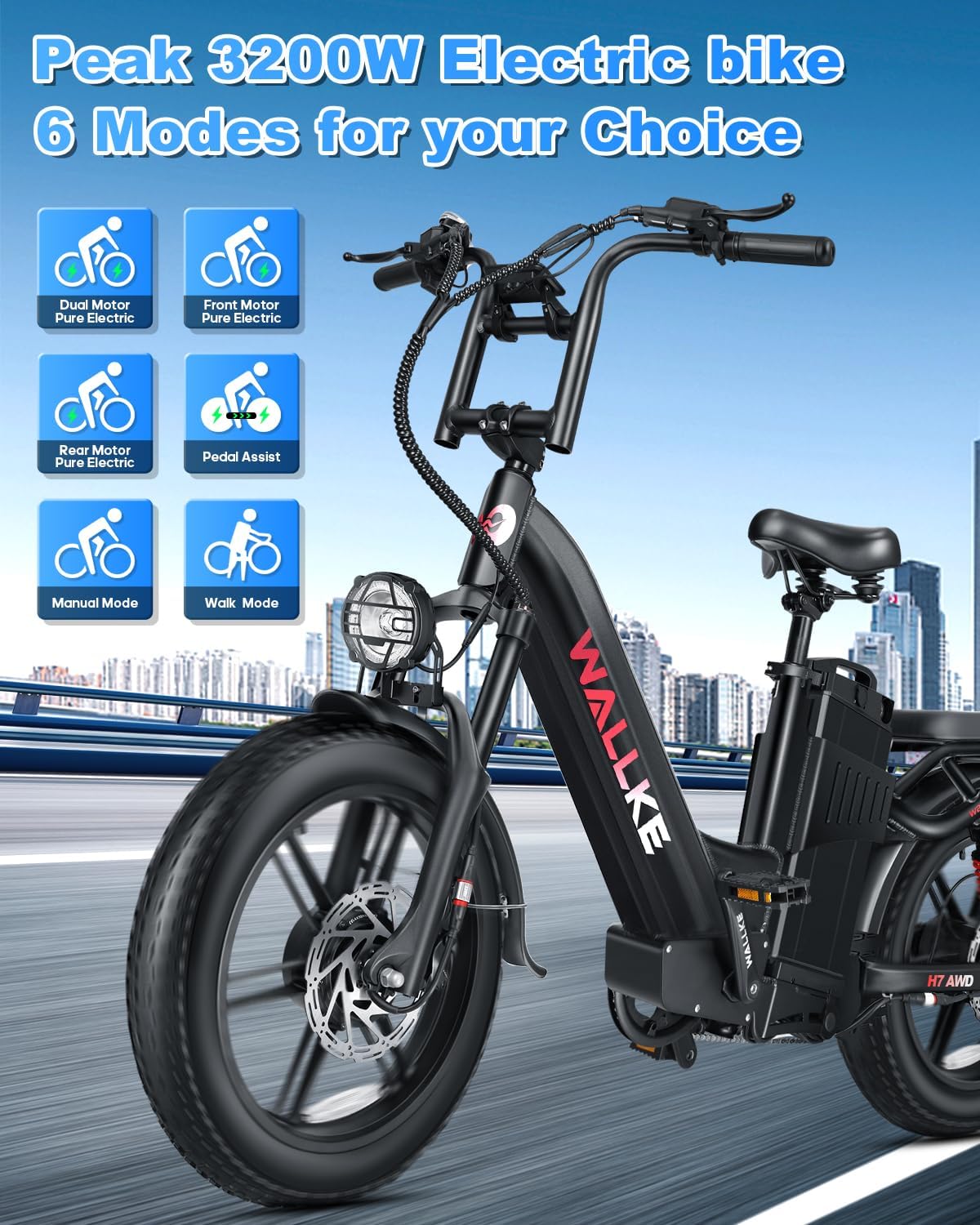 W Wallke H7 AWD Dual Motor Electric Bike for Adult, 48V 60Ah Battery Cell Sam-Sung, Long Range 31-35MPH Fast Ebike, UL2849 Certified, 20" Fat Tire Mountain Offroad All Terrain Full Suspension E-Bike