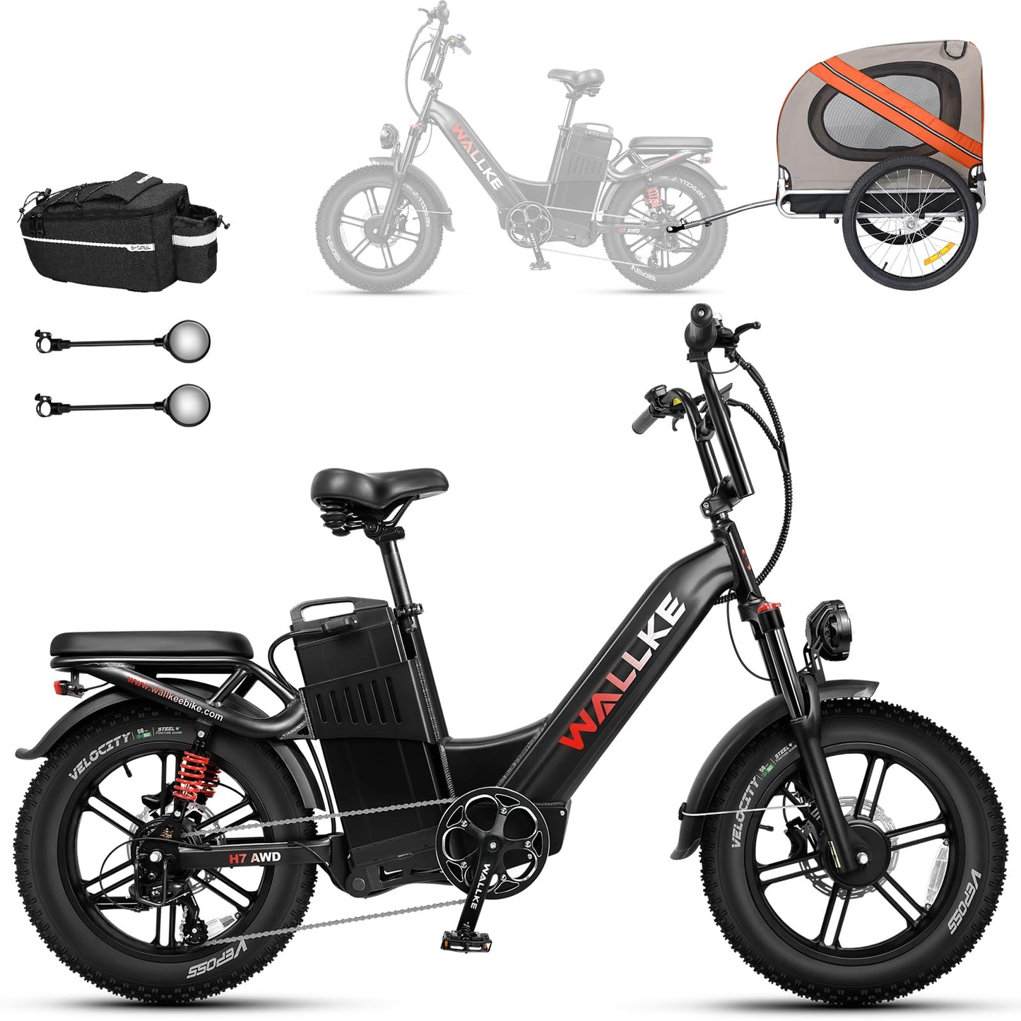 W Wallke H7 AWD Dual Motor Electric Bike for Adult, 48V 60Ah Battery Cell Sam-Sung, Long Range 31-35MPH Fast Ebike, UL2849 Certified, 20" Fat Tire Mountain Offroad All Terrain Full Suspension E-Bike