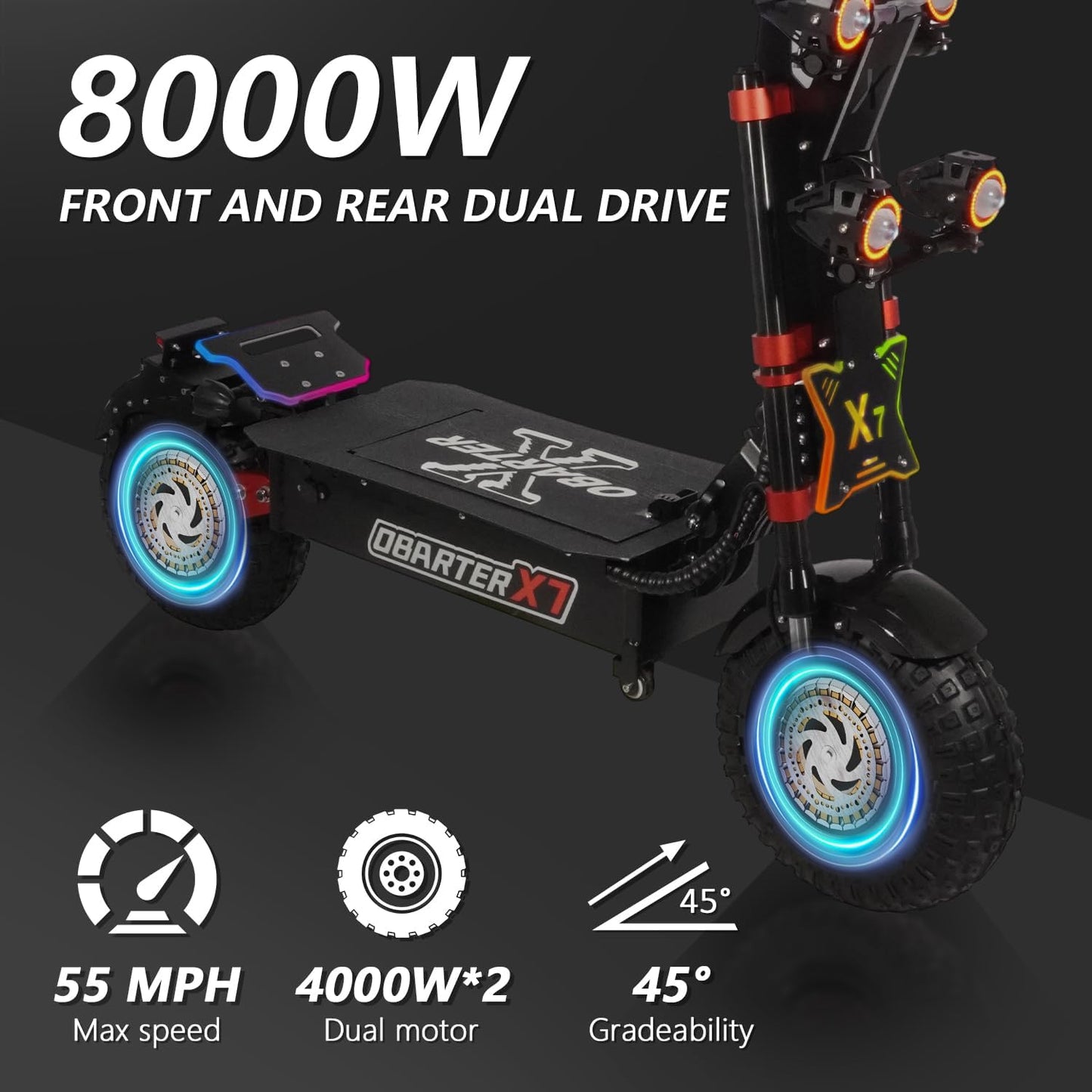 X7 Dual Motor Off Road Electric Scooter for Adults - 55 MPH, 90-Mile Range, 8000W Peak, 14-Inch Tires, UL2272 Certified