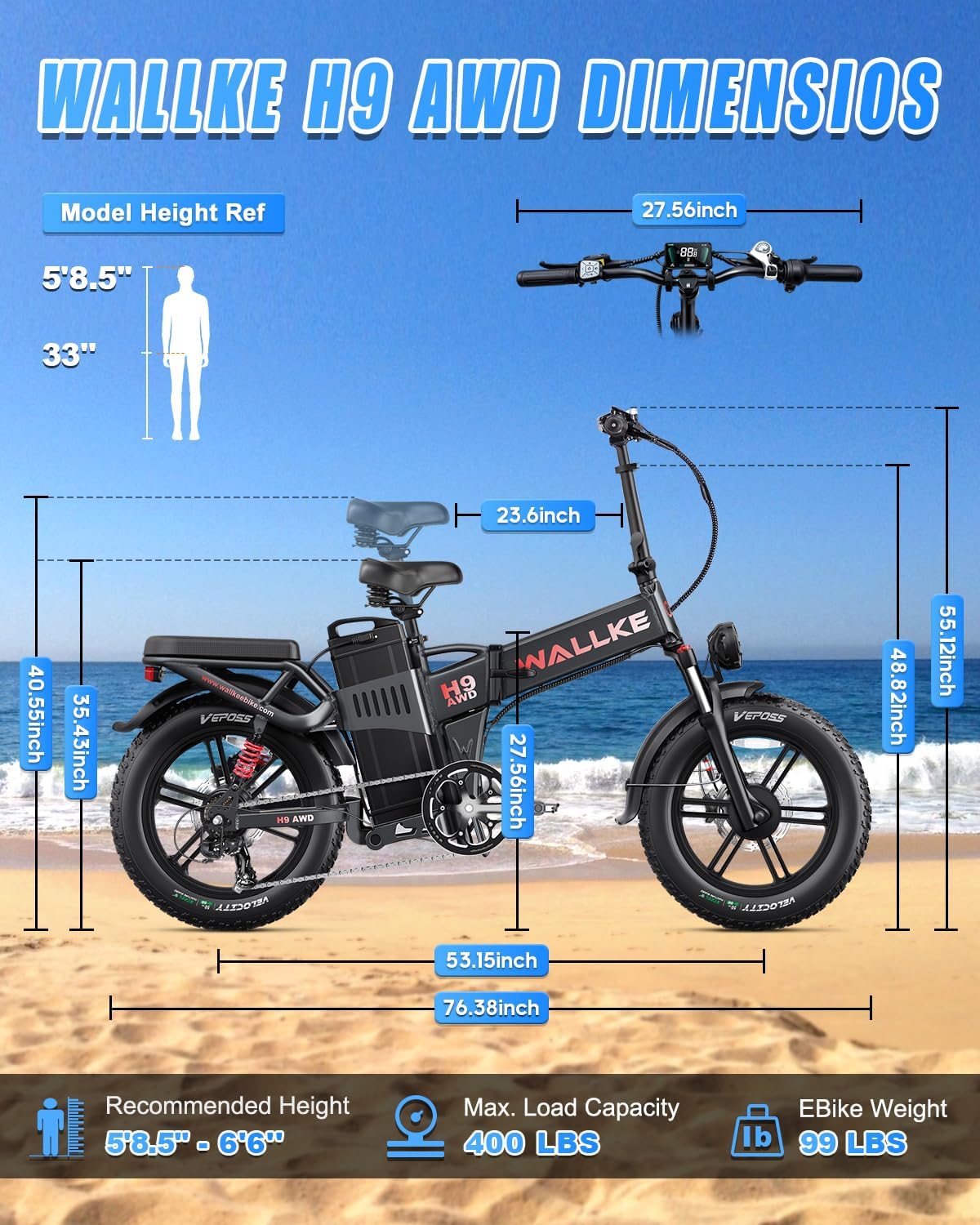 Wallke H9 AWD 3200W Dual Motor Electric Bike for Adult, 48V 82Ah/60Ah Sam-Sung Cell Battery Long Range Ebike, 31-34MPH Fast E-Bike, 20" Fat Tire Foldable Full Suspension Road/Mountain Hunting, UL2849
