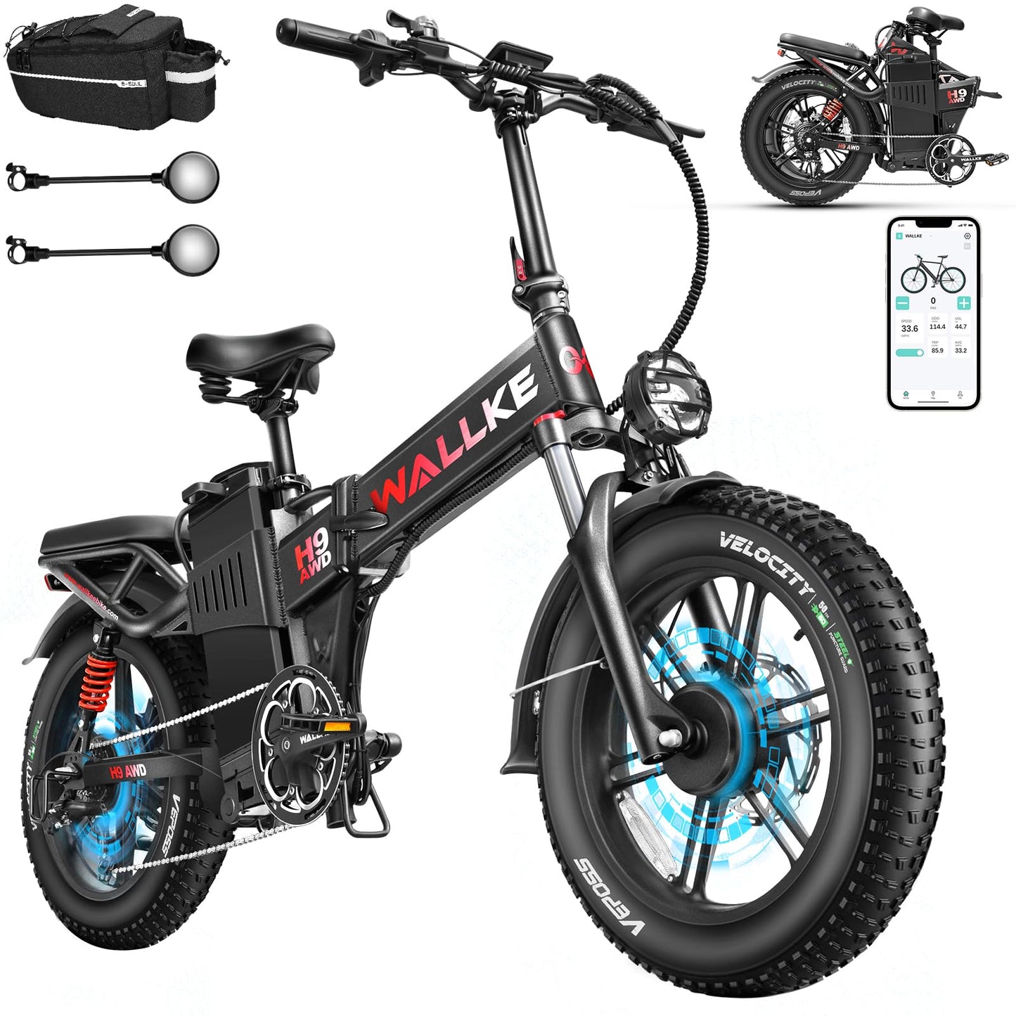 Wallke H9 AWD 3200W Dual Motor Electric Bike for Adult, 48V 82Ah/60Ah Sam-Sung Cell Battery Long Range Ebike, 31-34MPH Fast E-Bike, 20" Fat Tire Foldable Full Suspension Road/Mountain Hunting, UL2849
