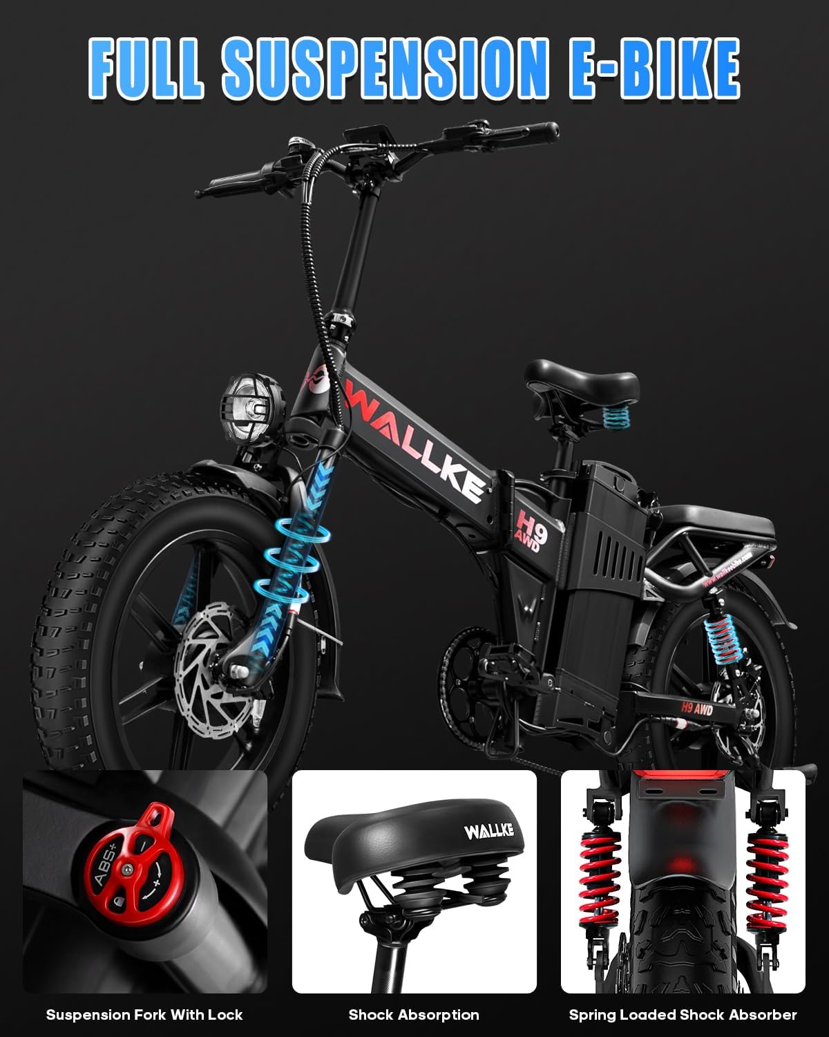 Wallke H9 AWD 3200W Dual Motor Electric Bike for Adult, 48V 82Ah/60Ah Sam-Sung Cell Battery Long Range Ebike, 31-34MPH Fast E-Bike, 20" Fat Tire Foldable Full Suspension Road/Mountain Hunting, UL2849