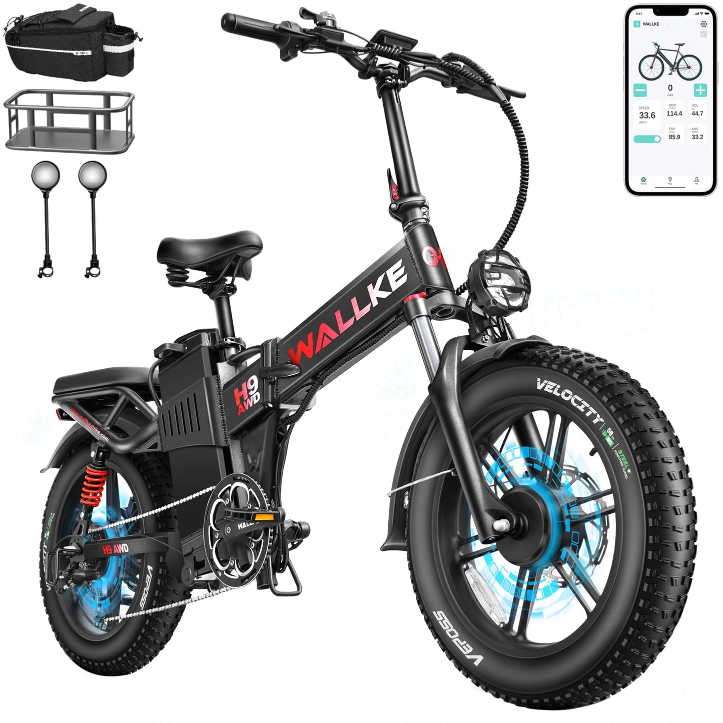 Wallke H9 AWD 3200W Dual Motor Electric Bike for Adult, 48V 82Ah/60Ah Sam-Sung Cell Battery Long Range Ebike, 31-34MPH Fast E-Bike, 20" Fat Tire Foldable Full Suspension Road/Mountain Hunting, UL2849