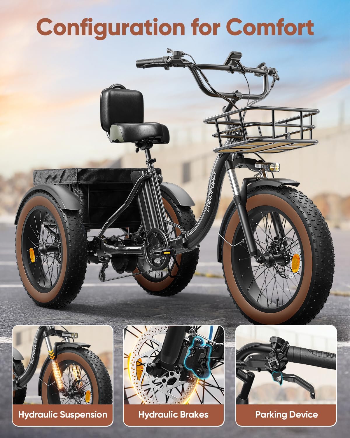 Electric Tricycle for Adults, 960W, 48V13.5Ah Electric Trike, 20"x4.0" 6061 Aluminum Folding Fat Tire 3 Wheel Ebike, 25MPH Max Hydraulic Brake, Rear Motor Differential for Safety BA