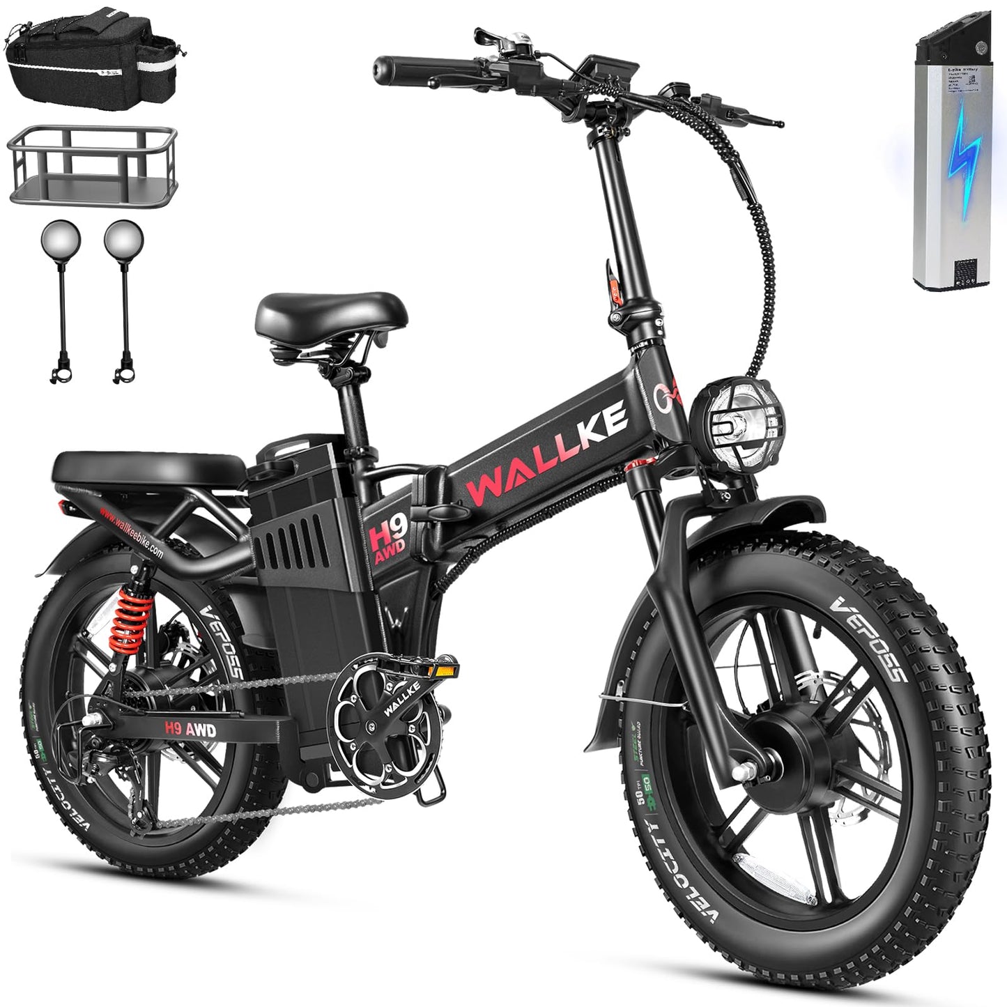 Wallke H9 AWD 3200W Dual Motor Electric Bike for Adult, 48V 82Ah/60Ah Sam-Sung Cell Battery Long Range Ebike, 31-34MPH Fast E-Bike, 20" Fat Tire Foldable Full Suspension Road/Mountain Hunting, UL2849