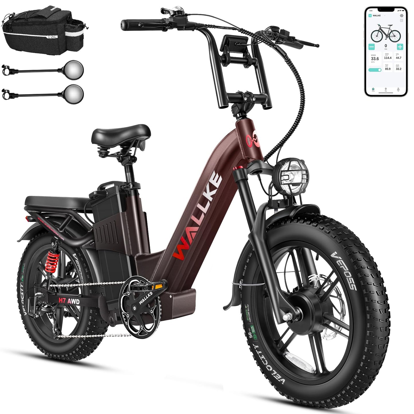 W Wallke H7 AWD Dual Motor Electric Bike for Adult, 48V 60Ah Battery Cell Sam-Sung, Long Range 31-35MPH Fast Ebike, UL2849 Certified, 20" Fat Tire Mountain Offroad All Terrain Full Suspension E-Bike