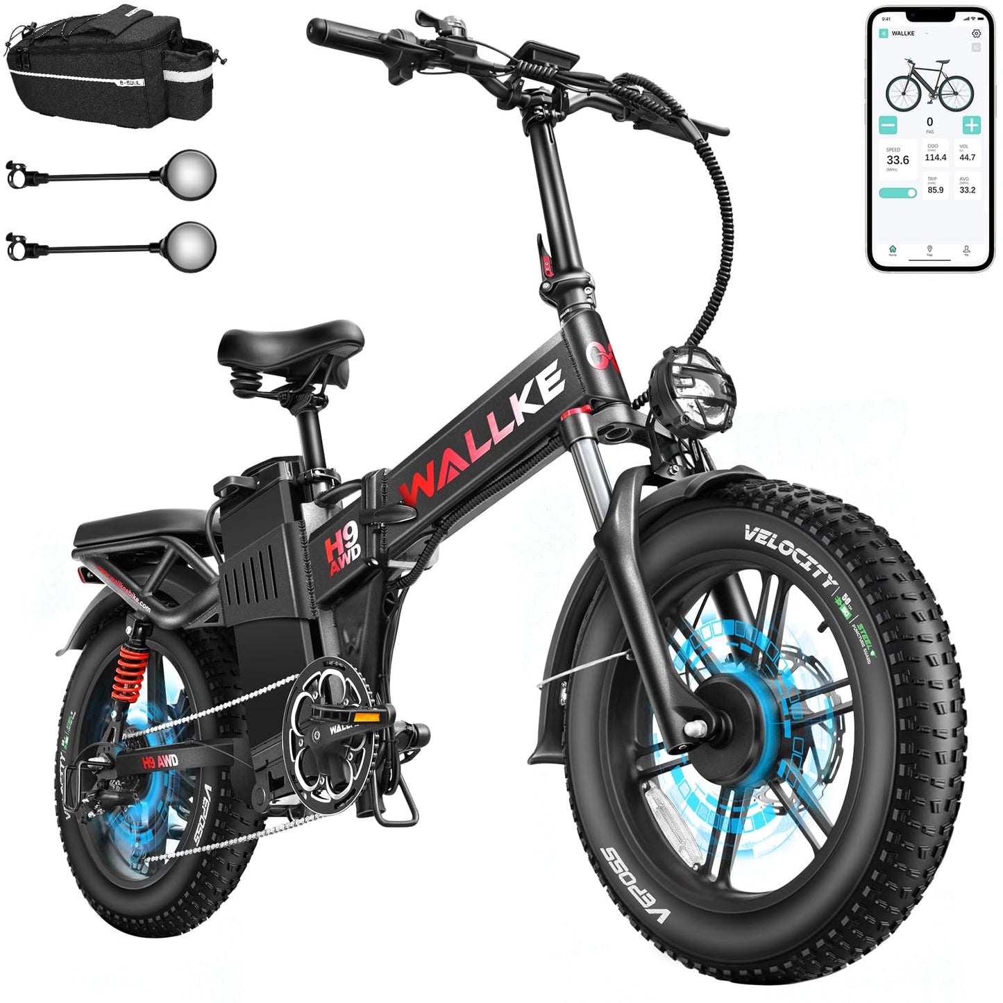 Wallke H9 AWD 3200W Dual Motor Electric Bike for Adult, 48V 82Ah/60Ah Sam-Sung Cell Battery Long Range Ebike, 31-34MPH Fast E-Bike, 20" Fat Tire Foldable Full Suspension Road/Mountain Hunting, UL2849