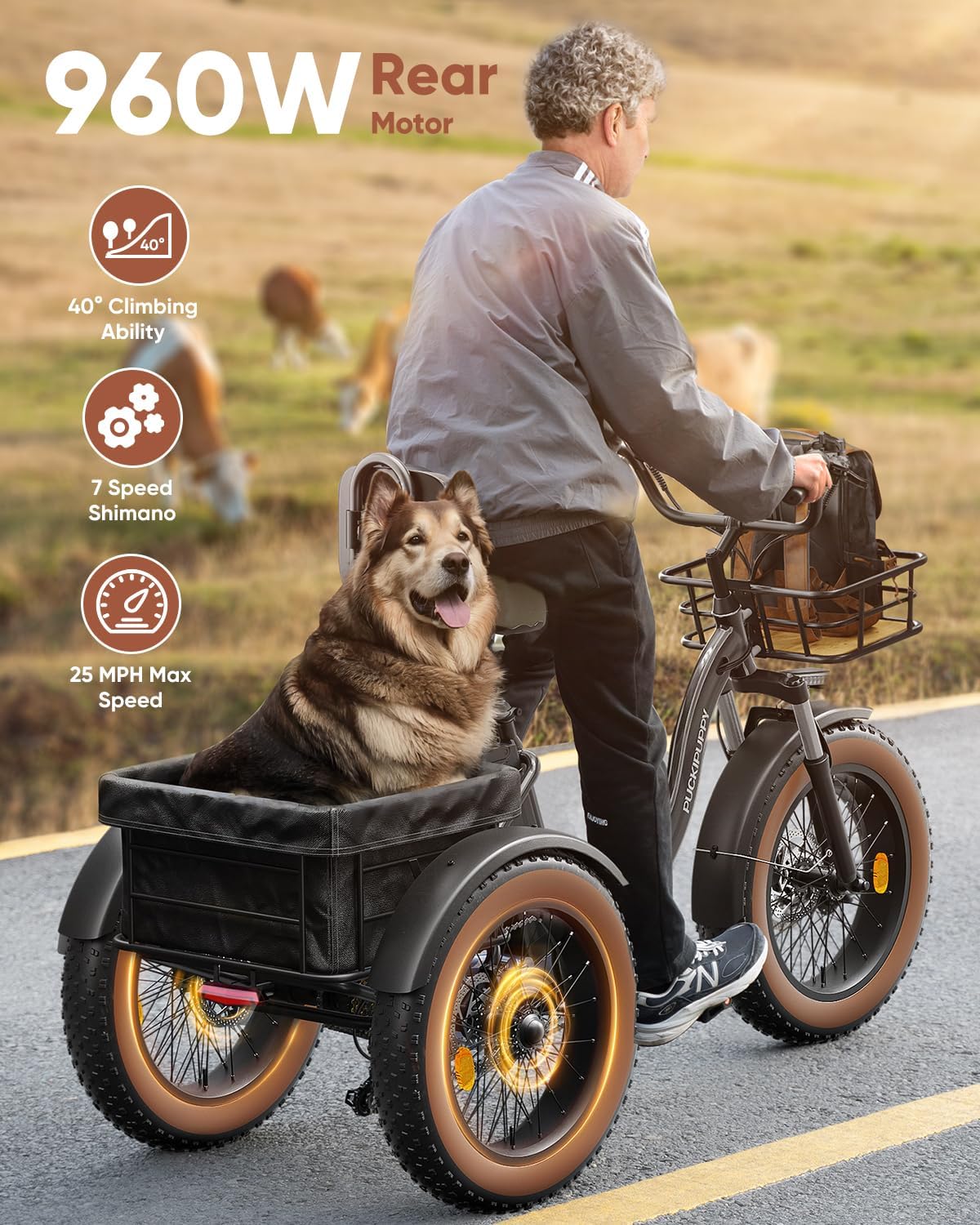 Electric Tricycle for Adults, 960W, 48V13.5Ah Electric Trike, 20"x4.0" 6061 Aluminum Folding Fat Tire 3 Wheel Ebike, 25MPH Max Hydraulic Brake, Rear Motor Differential for Safety BA