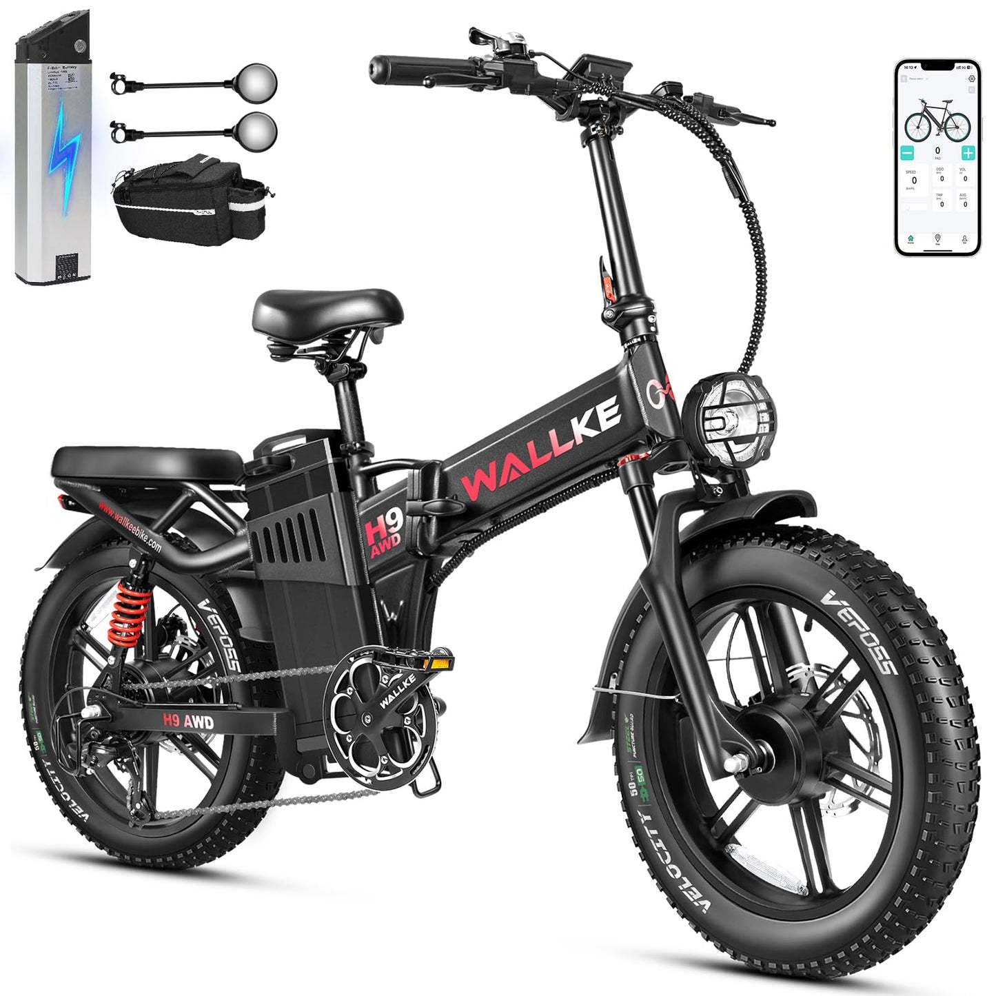 Wallke H9 AWD 3200W Dual Motor Electric Bike for Adult, 48V 82Ah/60Ah Sam-Sung Cell Battery Long Range Ebike, 31-34MPH Fast E-Bike, 20" Fat Tire Foldable Full Suspension Road/Mountain Hunting, UL2849