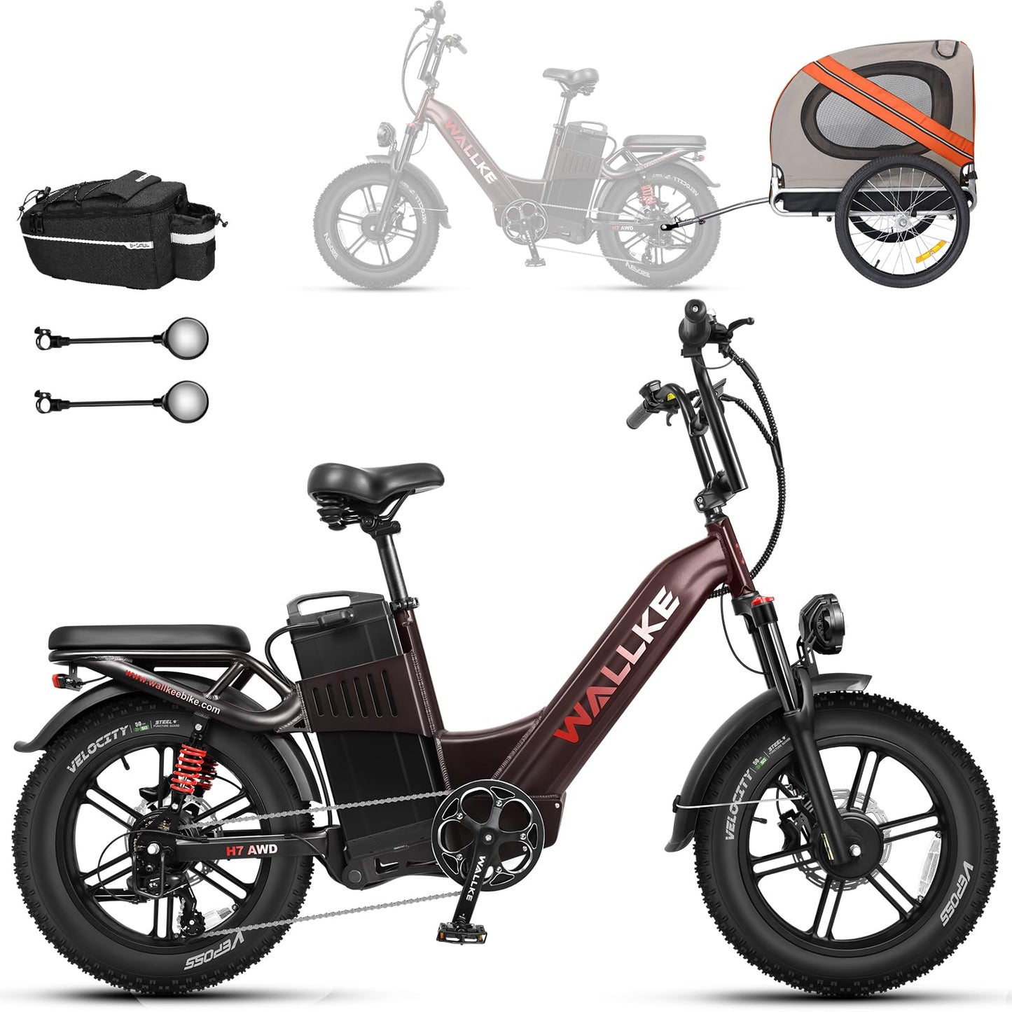 W Wallke H7 AWD Dual Motor Electric Bike for Adult, 48V 60Ah Battery Cell Sam-Sung, Long Range 31-35MPH Fast Ebike, UL2849 Certified, 20" Fat Tire Mountain Offroad All Terrain Full Suspension E-Bike