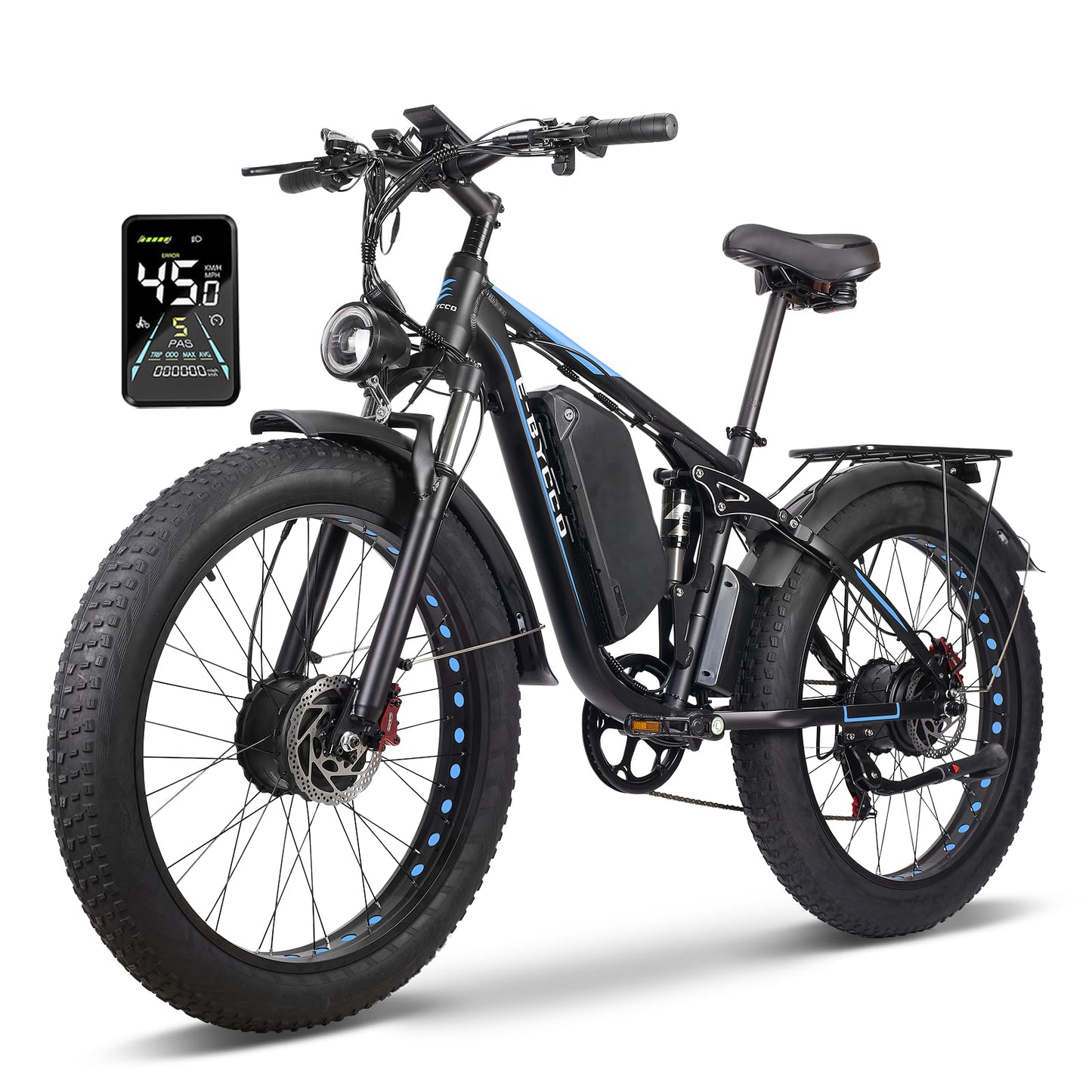 E·Bycco 26in Peak 5000W E-Bike, 52V 32AH Dual Motor Electric Bike 40-45MPH Fast 4000W Ebike with 26"*4.0 Fat Tire Hydraulic Disc Brake Full Suspension Mountain Ebikes
