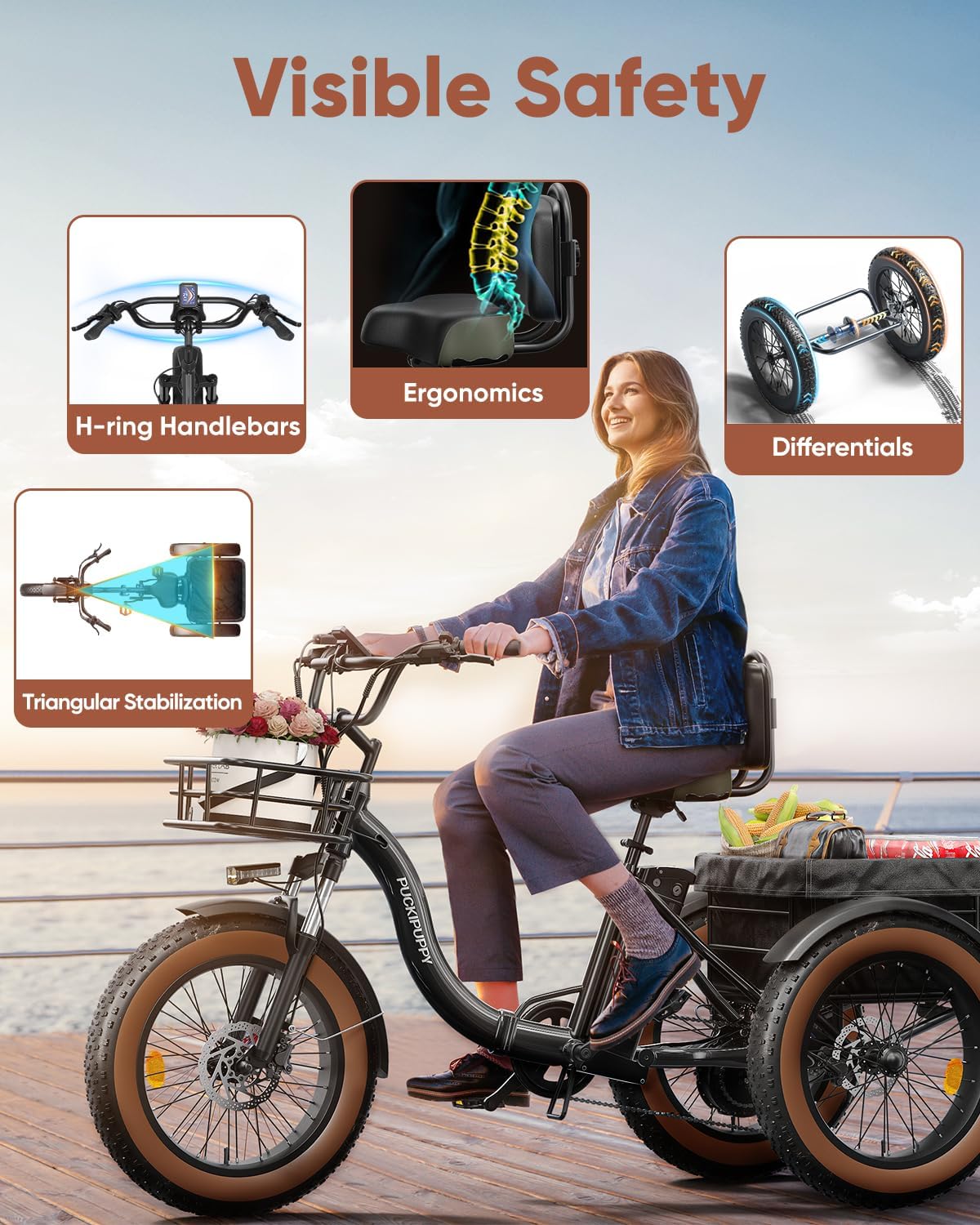 Electric Tricycle for Adults, 960W, 48V13.5Ah Electric Trike, 20"x4.0" 6061 Aluminum Folding Fat Tire 3 Wheel Ebike, 25MPH Max Hydraulic Brake, Rear Motor Differential for Safety BA
