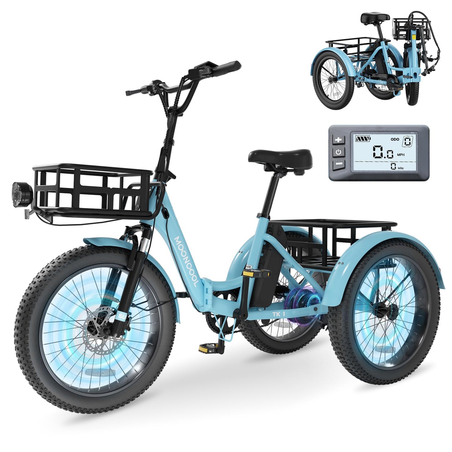 MOONCOOL Electric Tricycle for Adults, 500W/750W 48V 20" Folding Electric Trike Peak Power 1100W, 3 Wheels Electric Bicycle, Aluminum Frame Electric Tricycle with Large Basket and Removable Battery