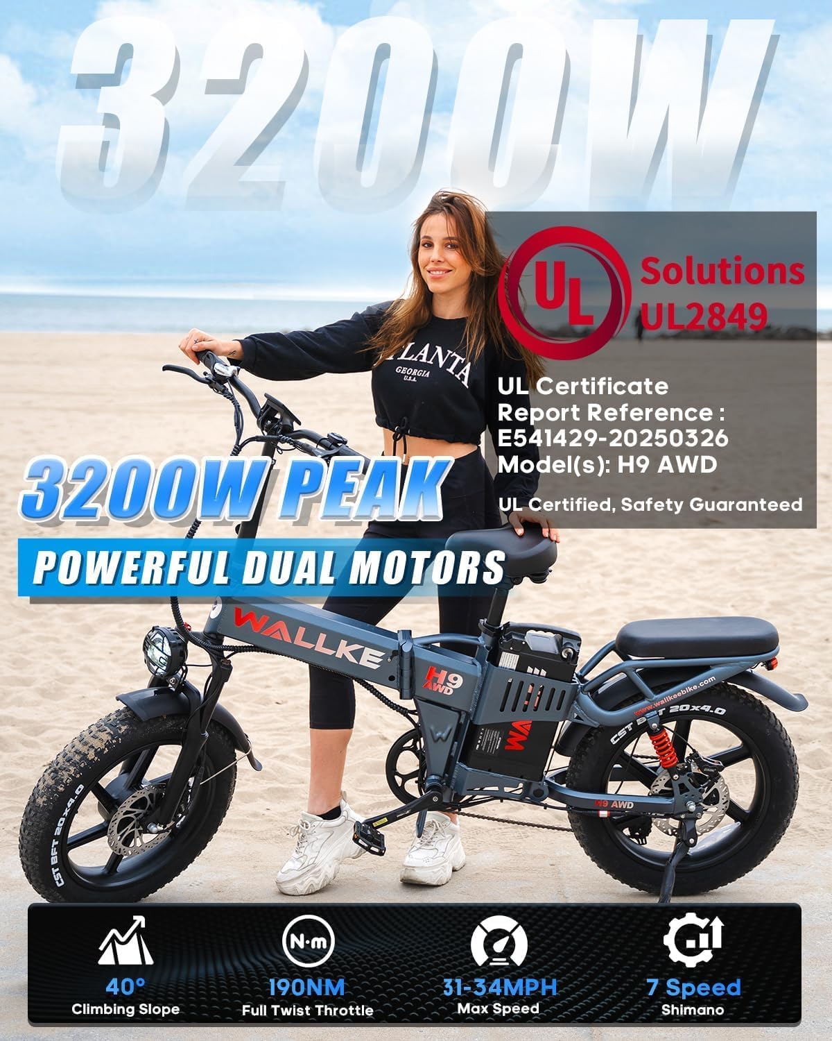 Wallke H9 AWD 3200W Dual Motor Electric Bike for Adult, 48V 82Ah/60Ah Sam-Sung Cell Battery Long Range Ebike, 31-34MPH Fast E-Bike, 20" Fat Tire Foldable Full Suspension Road/Mountain Hunting, UL2849