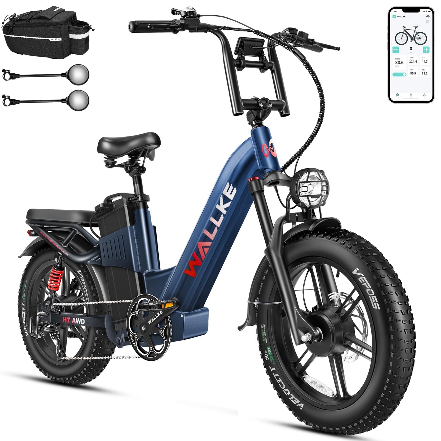 W Wallke H7 AWD Dual Motor Electric Bike for Adult, 48V 60Ah Battery Cell Sam-Sung, Long Range 31-35MPH Fast Ebike, UL2849 Certified, 20" Fat Tire Mountain Offroad All Terrain Full Suspension E-Bike