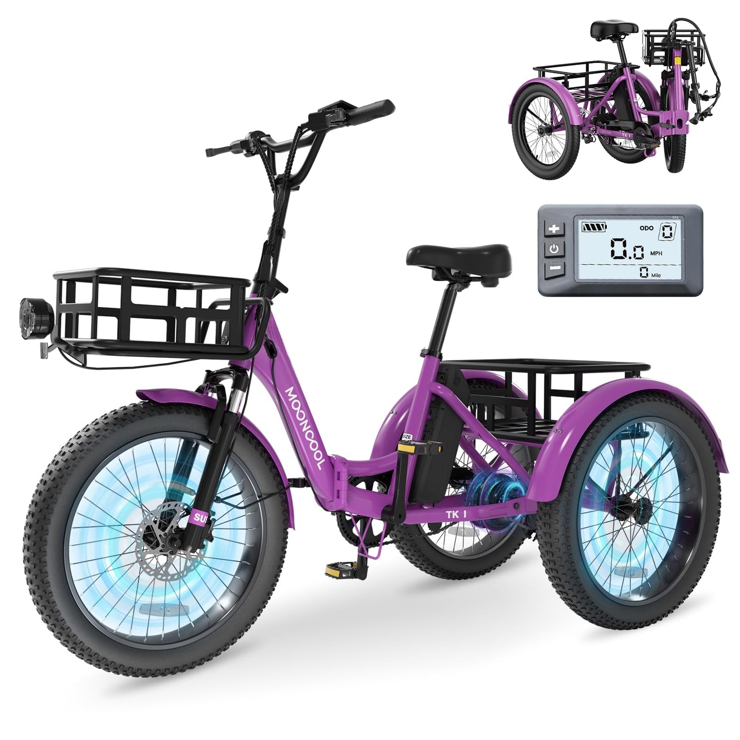 MOONCOOL Electric Tricycle for Adults, 500W/750W 48V 20" Folding Electric Trike Peak Power 1100W, 3 Wheels Electric Bicycle, Aluminum Frame Electric Tricycle with Large Basket and Removable Battery