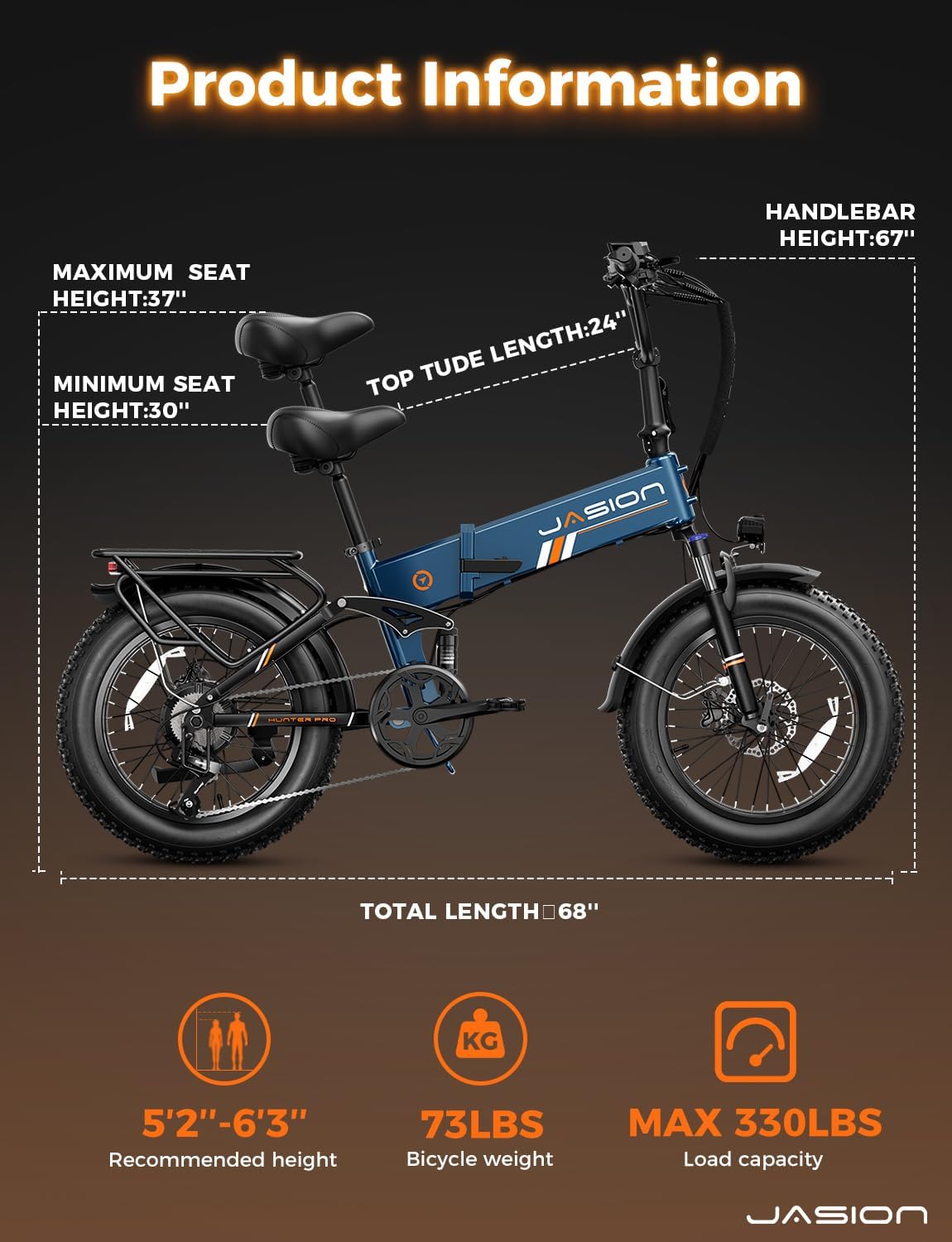 Jasion Hunter Pro Electric Bike for Adults, 1800W Peak Motor 80 Miles, up to 30+MPH,720WH Removable Battery Foldable Ebike,App Control & Full Suspension,20''*4.0 Fat Tire,Dual Hydraulic Brakes Bicycle