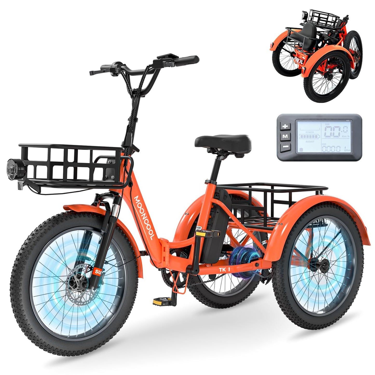 MOONCOOL Electric Tricycle for Adults, 500W/750W 48V 20" Folding Electric Trike Peak Power 1100W, 3 Wheels Electric Bicycle, Aluminum Frame Electric Tricycle with Large Basket and Removable Battery