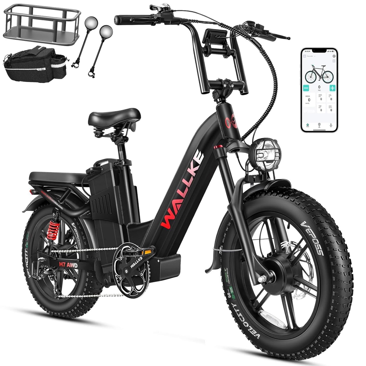 W Wallke H7 AWD Dual Motor Electric Bike for Adult, 48V 60Ah Battery Cell Sam-Sung, Long Range 31-35MPH Fast Ebike, UL2849 Certified, 20" Fat Tire Mountain Offroad All Terrain Full Suspension E-Bike