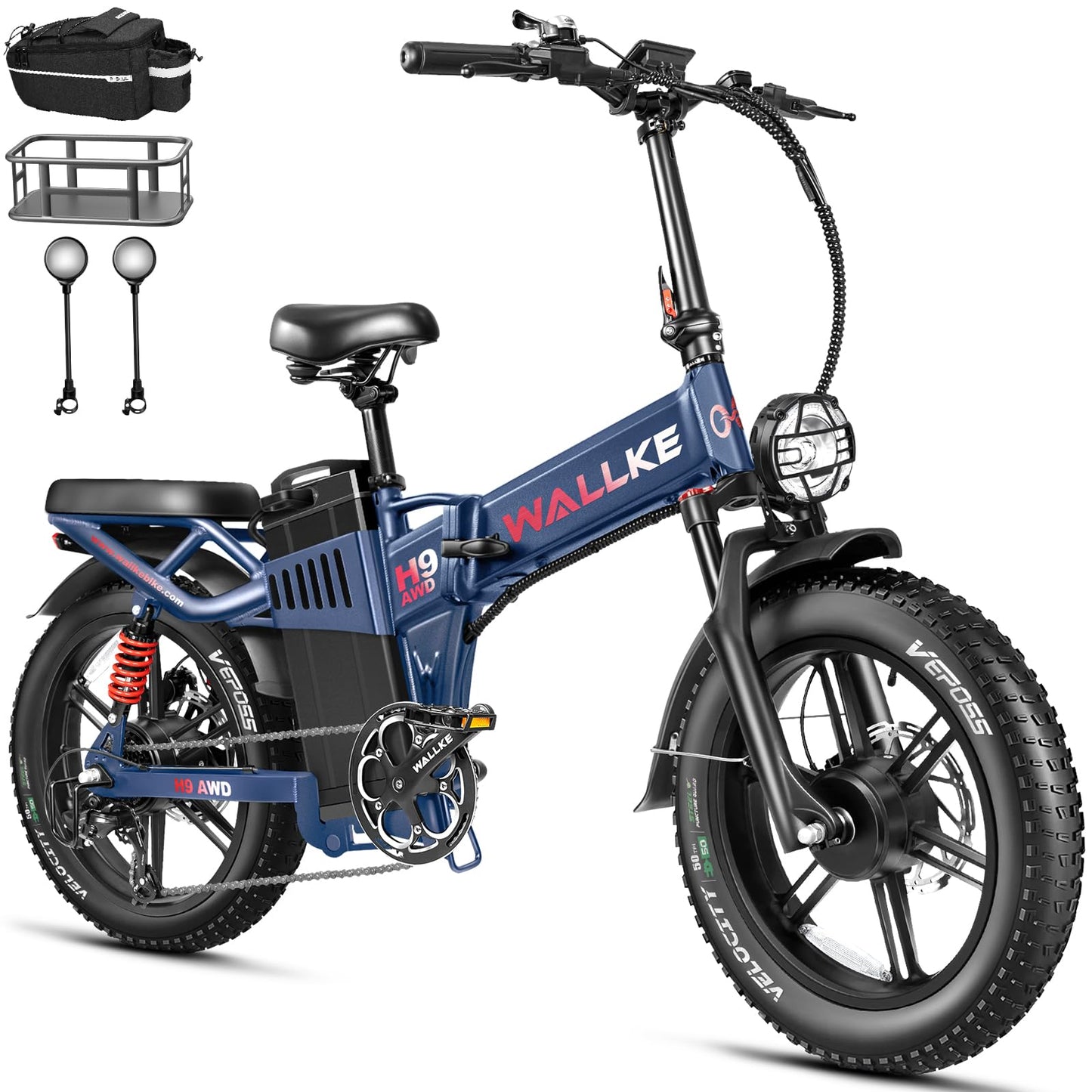 Wallke H9 AWD 3200W Dual Motor Electric Bike for Adult, 48V 82Ah/60Ah Sam-Sung Cell Battery Long Range Ebike, 31-34MPH Fast E-Bike, 20" Fat Tire Foldable Full Suspension Road/Mountain Hunting, UL2849
