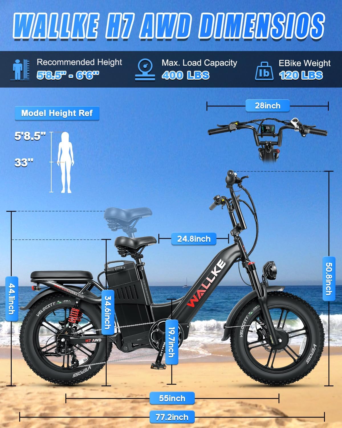 W Wallke H7 AWD Dual Motor Electric Bike for Adult, 48V 60Ah Battery Cell Sam-Sung, Long Range 31-35MPH Fast Ebike, UL2849 Certified, 20" Fat Tire Mountain Offroad All Terrain Full Suspension E-Bike