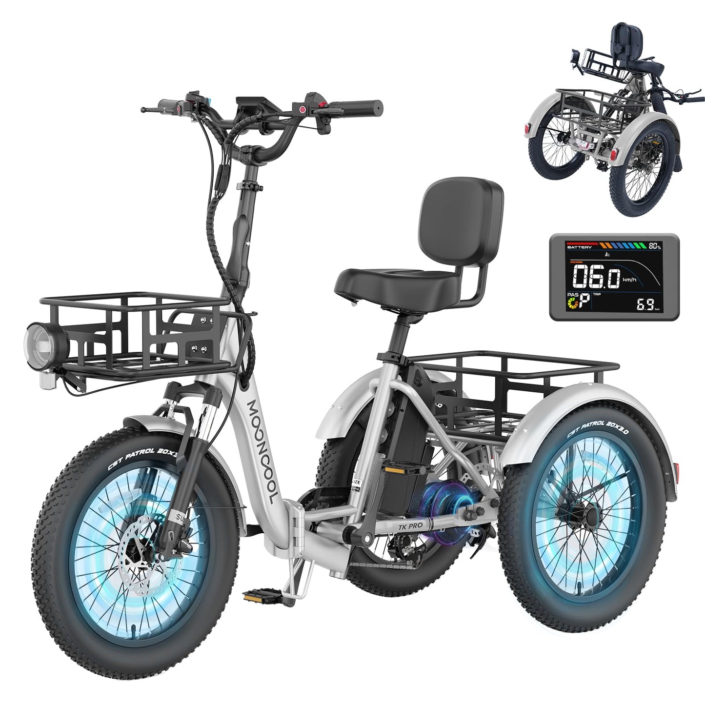 MOONCOOL Electric Tricycle for Adults, 500W/750W 48V 20" Folding Electric Trike Peak Power 1100W, 3 Wheels Electric Bicycle, Aluminum Frame Electric Tricycle with Large Basket and Removable Battery