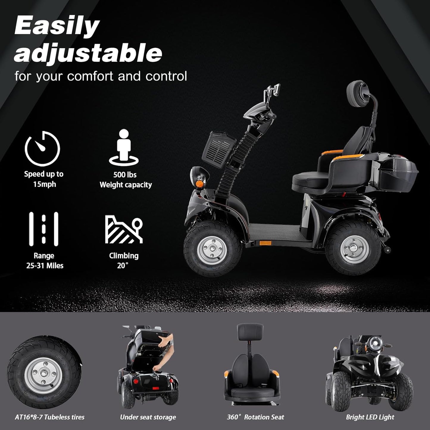 Heavy Duty 4 Wheels Mobility Scooter, All Terrain Electric Mobility Scooters for Seniors and Adults, 1000W Motor, Fat Tire, Adjustable Handle and Seats, 500lbs Capacity, 31-36 Miles of Range