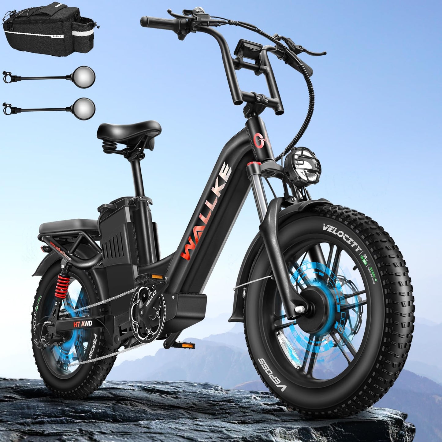 W Wallke H7 AWD Dual Motor Electric Bike for Adult, 48V 60Ah Battery Cell Sam-Sung, Long Range 31-35MPH Fast Ebike, UL2849 Certified, 20" Fat Tire Mountain Offroad All Terrain Full Suspension E-Bike