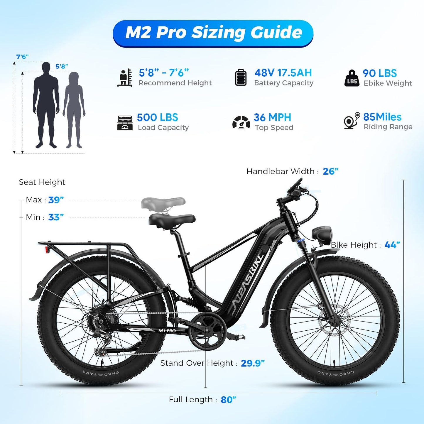 M1 Pro & M2 Pro Electric Bike Combo, 1800W Peak Motor Fat Tire EBikes for Adults, 36MPH Electric mountain Bike with 48V 17.5Ah Battery, 26" x 4.0" All-Terrain Tires, 7 Speed, 85 Miles Long Range