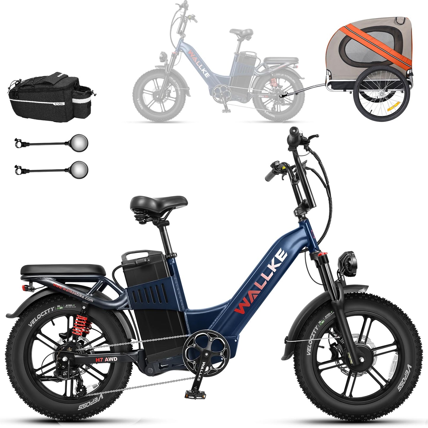 W Wallke H7 AWD Dual Motor Electric Bike for Adult, 48V 60Ah Battery Cell Sam-Sung, Long Range 31-35MPH Fast Ebike, UL2849 Certified, 20" Fat Tire Mountain Offroad All Terrain Full Suspension E-Bike