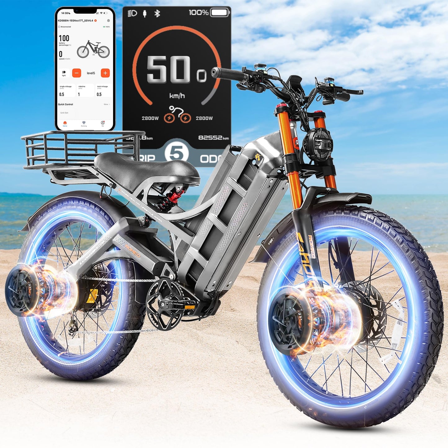 2025 Eahora Romeo Pro 2/Pro 3 46-50Mph Electric Bike for Adults, Peak 5600W/4000W Dual Motor Ebike, 60V 80Ah/52V 70Ah 235 Mile Long Range E Bike, 26*4.0" Fat Tire, Full Suspension, All Terrain, UL2849