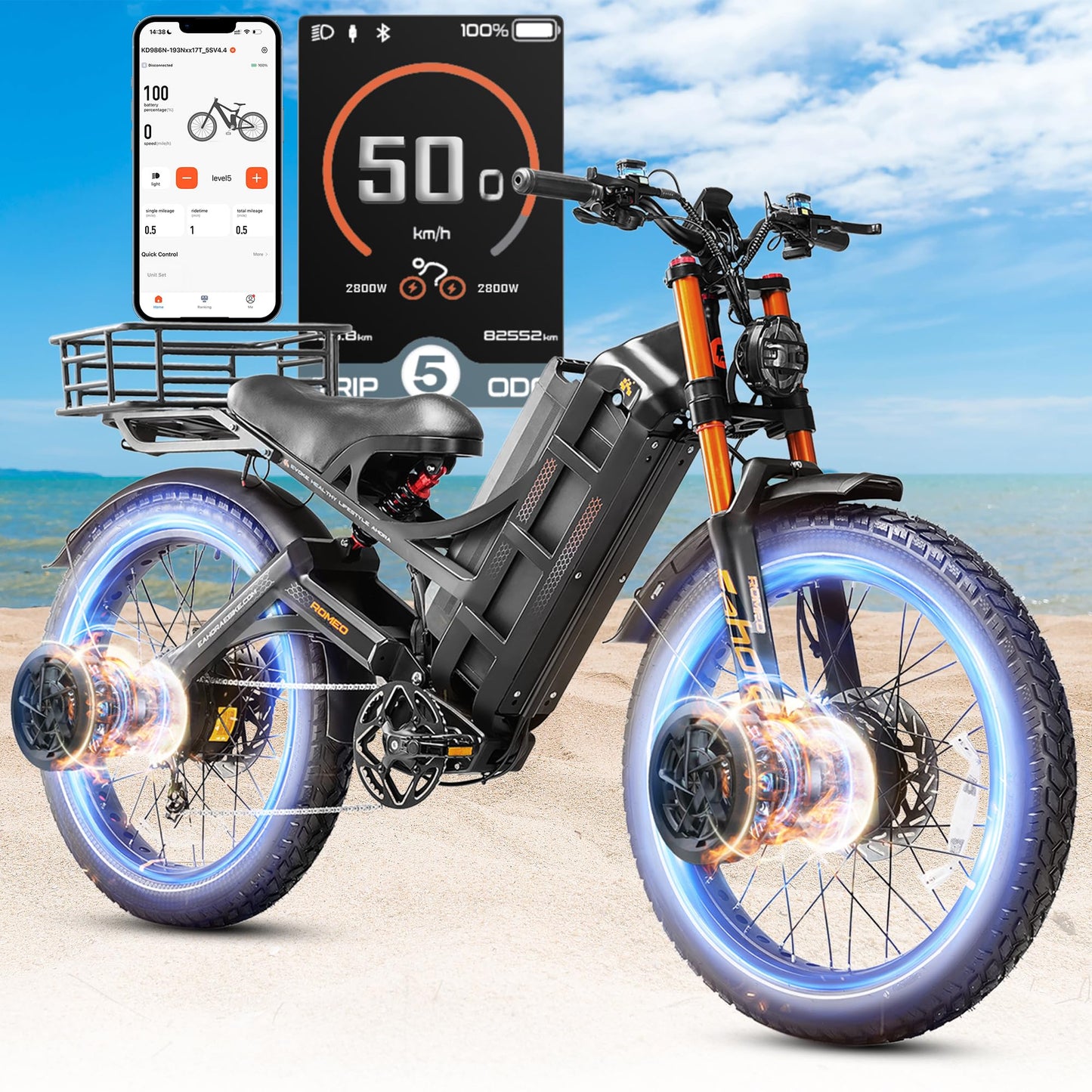 2025 Eahora Romeo Pro 2/Pro 3 46-50Mph Electric Bike for Adults, Peak 5600W/4000W Dual Motor Ebike, 60V 80Ah/52V 70Ah 235 Mile Long Range E Bike, 26*4.0" Fat Tire, Full Suspension, All Terrain, UL2849