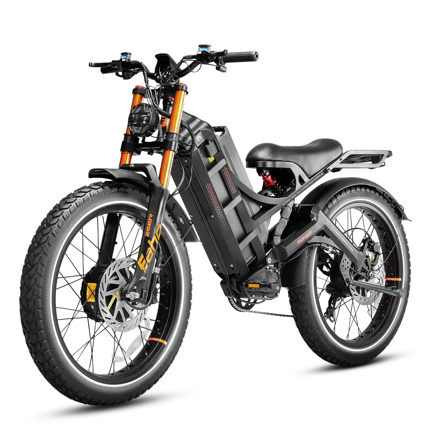 eAhora Romeo Pro Ⅲ Peak 5600W Electric Bike for Adults 50Mph, 60V 80Ah Battery up to 250 Miles,Long Range Dual Motors Ebike,26"*4.0 Fat Tire Full Suspension Mountain E-Bike for Men,UL 2849