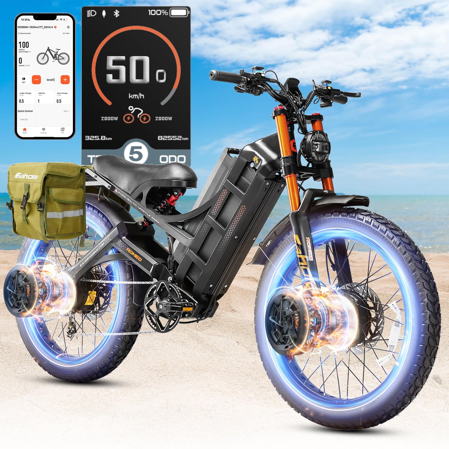 2025 Eahora Romeo Pro 2/Pro 3 46-50Mph Electric Bike for Adults, Peak 5600W/4000W Dual Motor Ebike, 60V 80Ah/52V 70Ah 235 Mile Long Range E Bike, 26*4.0" Fat Tire, Full Suspension, All Terrain, UL2849