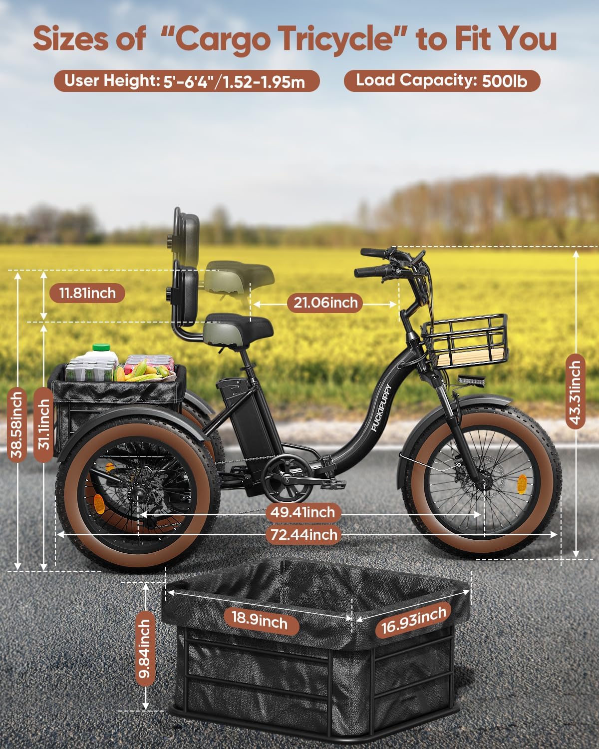 Electric Tricycle for Adults, 960W, 48V13.5Ah Electric Trike, 20"x4.0" 6061 Aluminum Folding Fat Tire 3 Wheel Ebike, 25MPH Max Hydraulic Brake, Rear Motor Differential for Safety BA