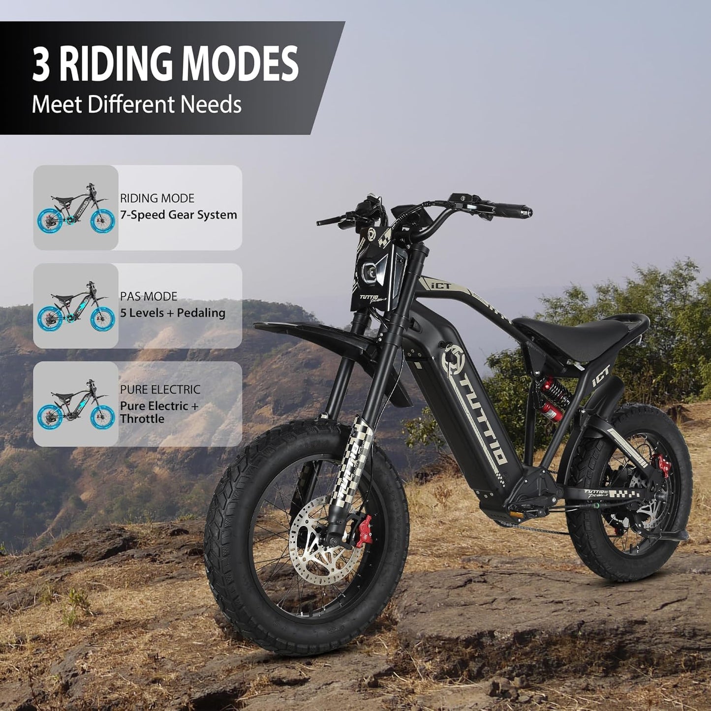 Electric-Dirt-Bike for Adults-Teens, ICT Peak 4000W-43MPH-60V-25AH Electric Motorcycle 20" Fat-Tire-Electric-Bike for Mountain Snow Off-Road Fit Age 16+
