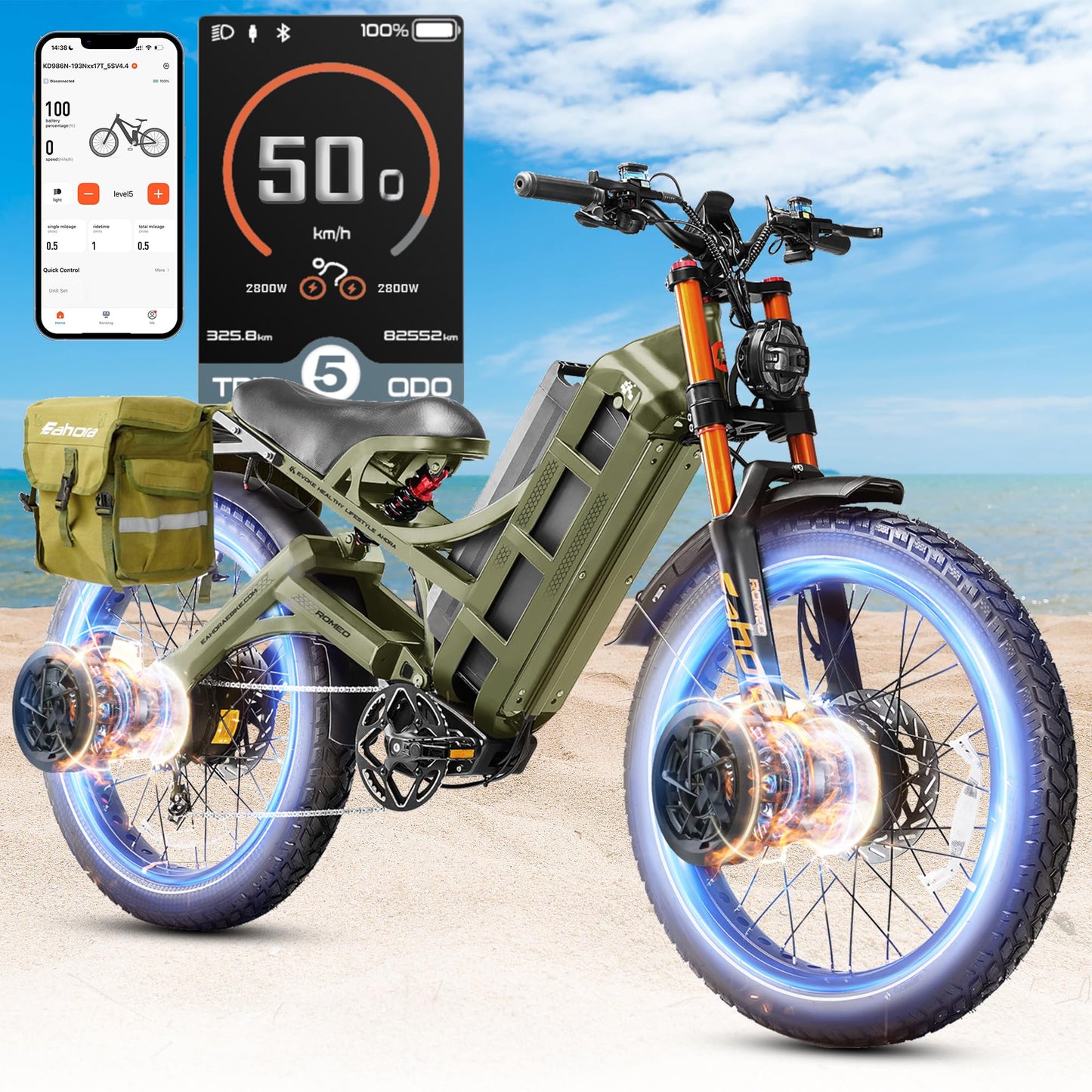2025 Eahora Romeo Pro 2/Pro 3 46-50Mph Electric Bike for Adults, Peak 5600W/4000W Dual Motor Ebike, 60V 80Ah/52V 70Ah 235 Mile Long Range E Bike, 26*4.0" Fat Tire, Full Suspension, All Terrain, UL2849