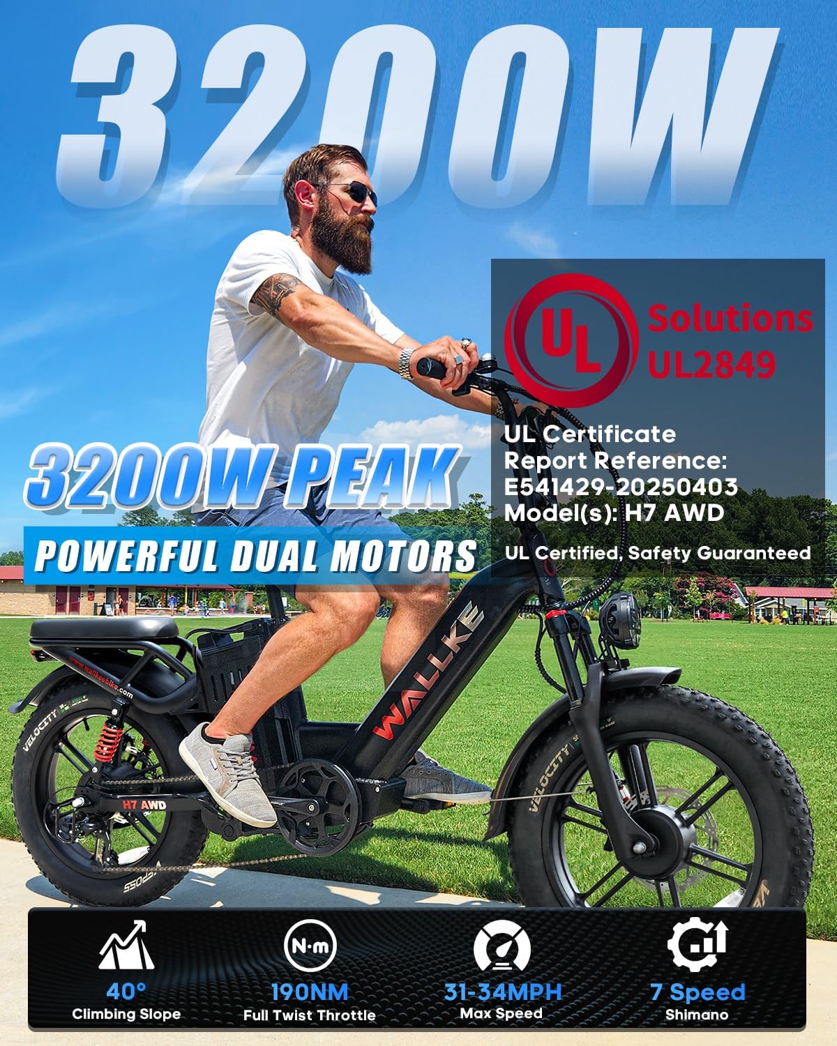 W Wallke H7 AWD Dual Motor Electric Bike for Adult, 48V 60Ah Battery Cell Sam-Sung, Long Range 31-35MPH Fast Ebike, UL2849 Certified, 20" Fat Tire Mountain Offroad All Terrain Full Suspension E-Bike