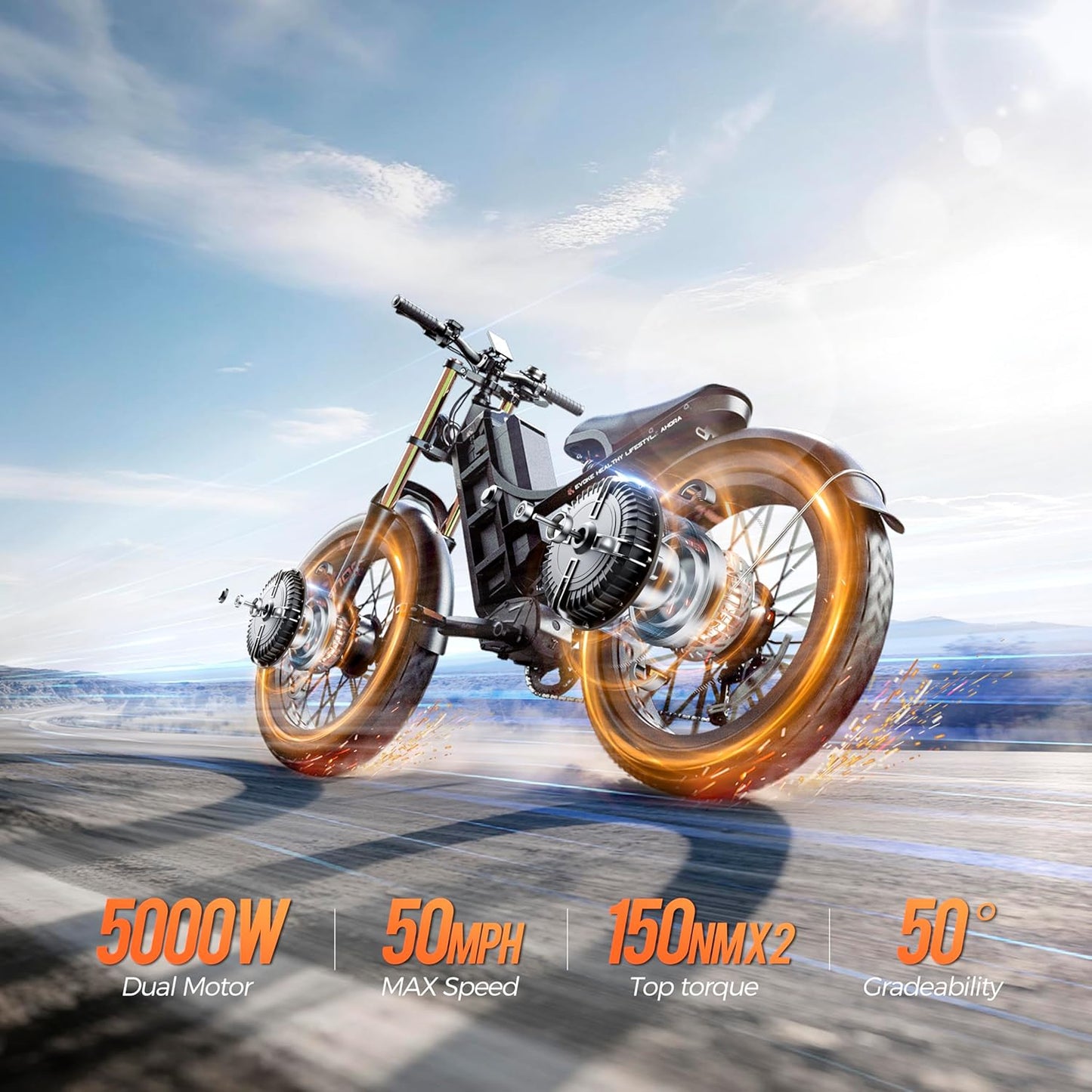 eAhora Romeo Pro Ⅲ Peak 5600W Electric Bike for Adults 50Mph, 60V 80Ah Battery up to 250 Miles,Long Range Dual Motors Ebike,26"*4.0 Fat Tire Full Suspension Mountain E-Bike for Men,UL 2849