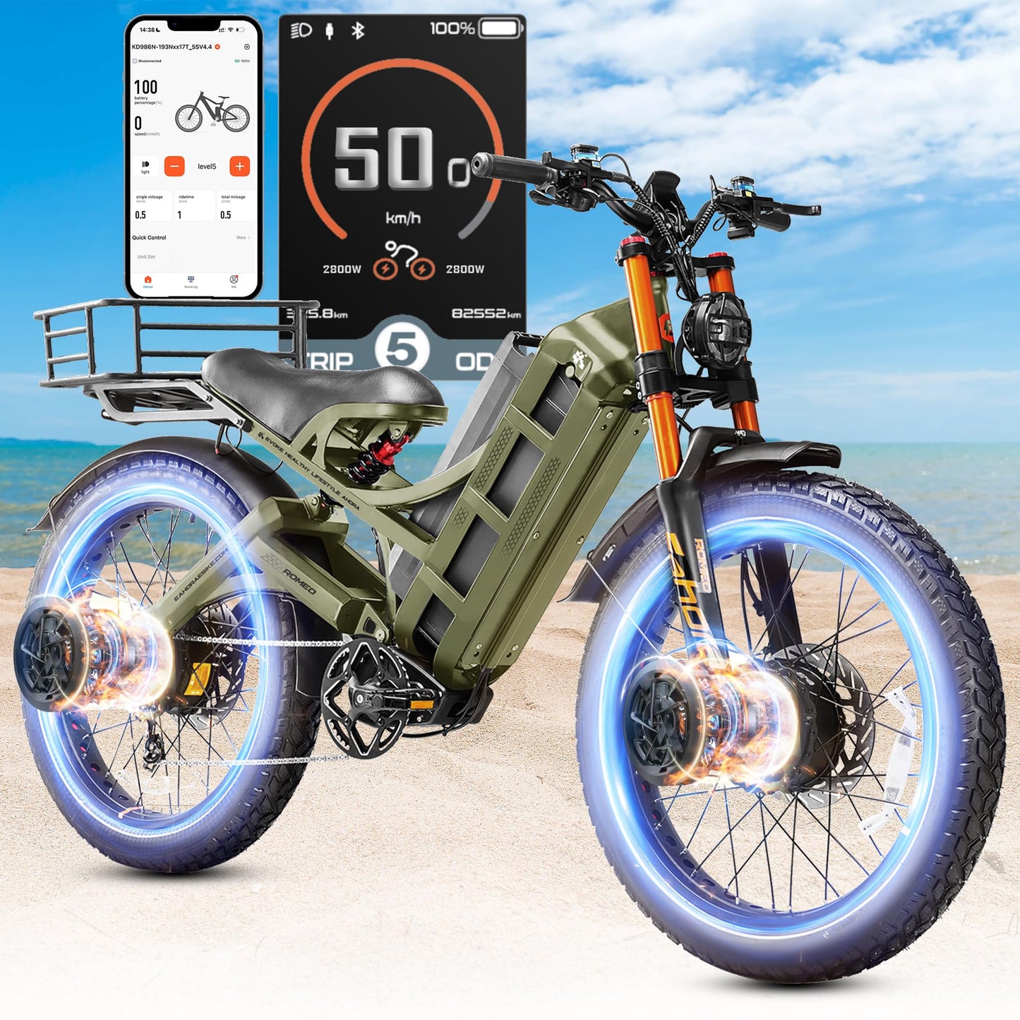 2025 Eahora Romeo Pro 2/Pro 3 46-50Mph Electric Bike for Adults, Peak 5600W/4000W Dual Motor Ebike, 60V 80Ah/52V 70Ah 235 Mile Long Range E Bike, 26*4.0" Fat Tire, Full Suspension, All Terrain, UL2849