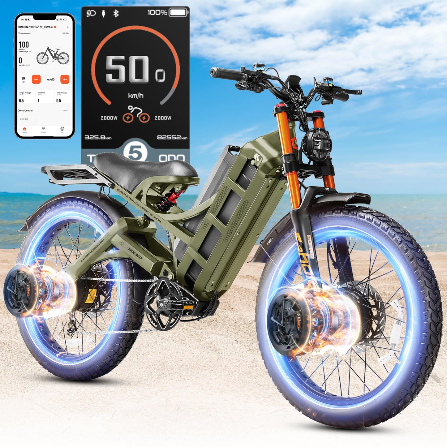 2025 Eahora Romeo Pro 2/Pro 3 46-50Mph Electric Bike for Adults, Peak 5600W/4000W Dual Motor Ebike, 60V 80Ah/52V 70Ah 235 Mile Long Range E Bike, 26*4.0" Fat Tire, Full Suspension, All Terrain, UL2849