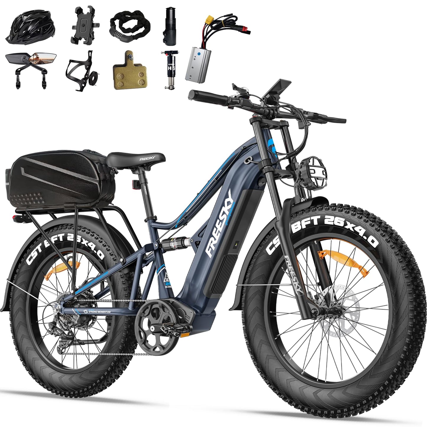 FREESKY 2000W Electric Bike with BAFANG Motor & 48V 30Ah Samsung Cells Battery, 35MPH Max Speed, 120 Miles Range, Full Suspension Mountain Ebike for Adult, 26" Fat Tires, Smart Keys, Hydraulic Brakes