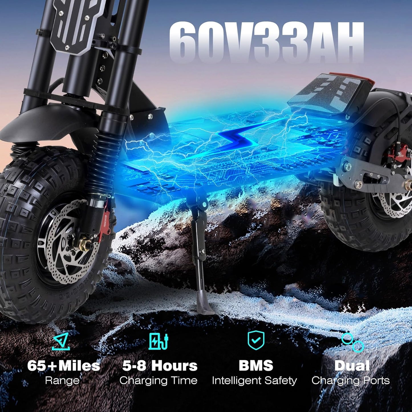Electric Scooter Adult, 7000W Motor, 60V 33Ah Battery, 55 mph, Max 65 Miles Range, Hydraulic Suspension, Hydraulic Brakes, 13"All Terrain Tires, Adjustable Handlebar Height, Folding EScooter with Seat