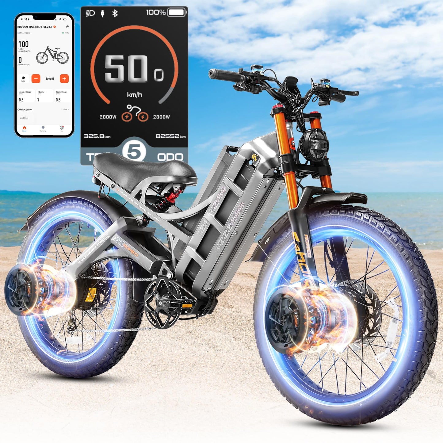 2025 Eahora Romeo Pro 2/Pro 3 46-50Mph Electric Bike for Adults, Peak 5600W/4000W Dual Motor Ebike, 60V 80Ah/52V 70Ah 235 Mile Long Range E Bike, 26*4.0" Fat Tire, Full Suspension, All Terrain, UL2849