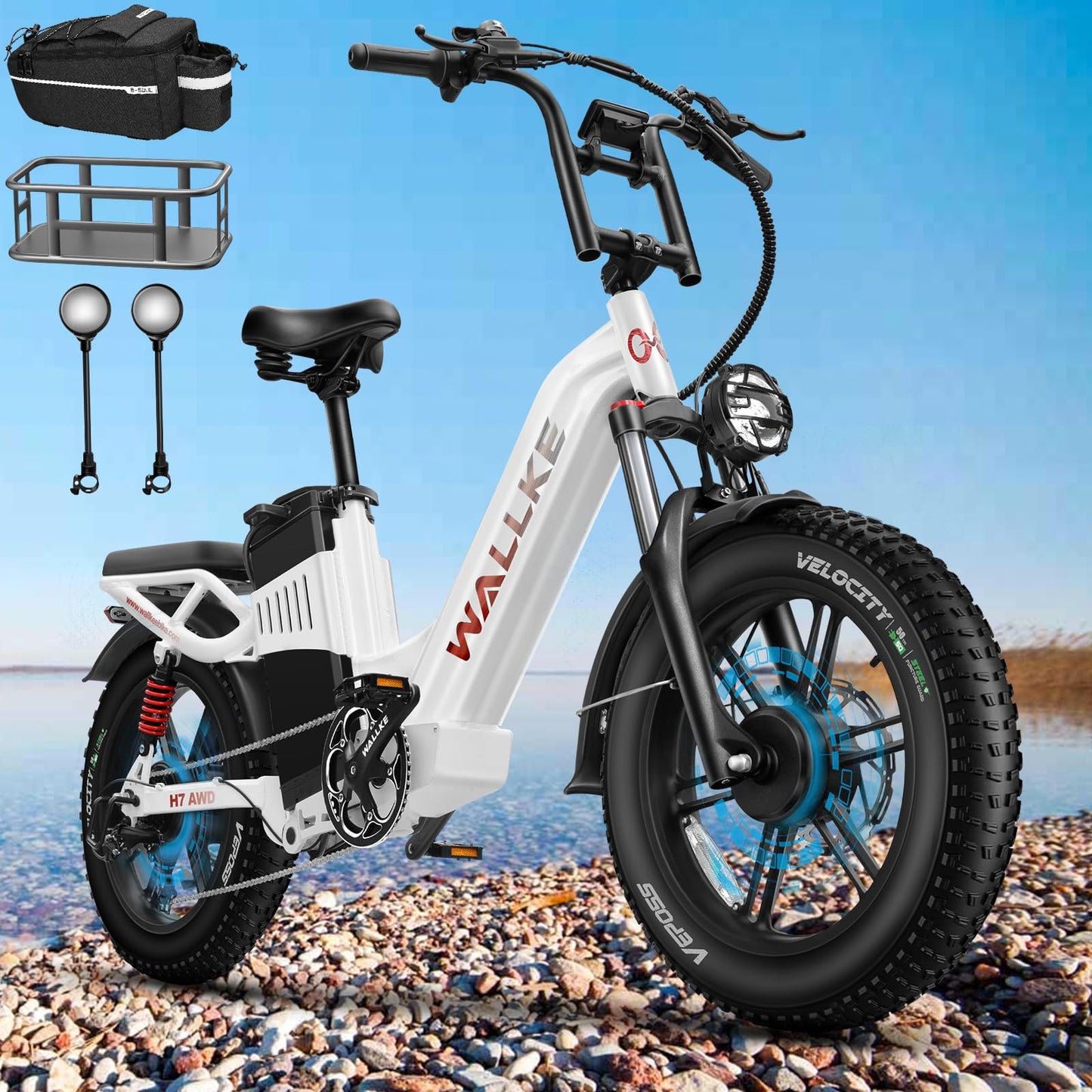 W Wallke H7 AWD Dual Motor Electric Bike for Adult, 48V 60Ah Battery Cell Sam-Sung, Long Range 31-35MPH Fast Ebike, UL2849 Certified, 20" Fat Tire Mountain Offroad All Terrain Full Suspension E-Bike