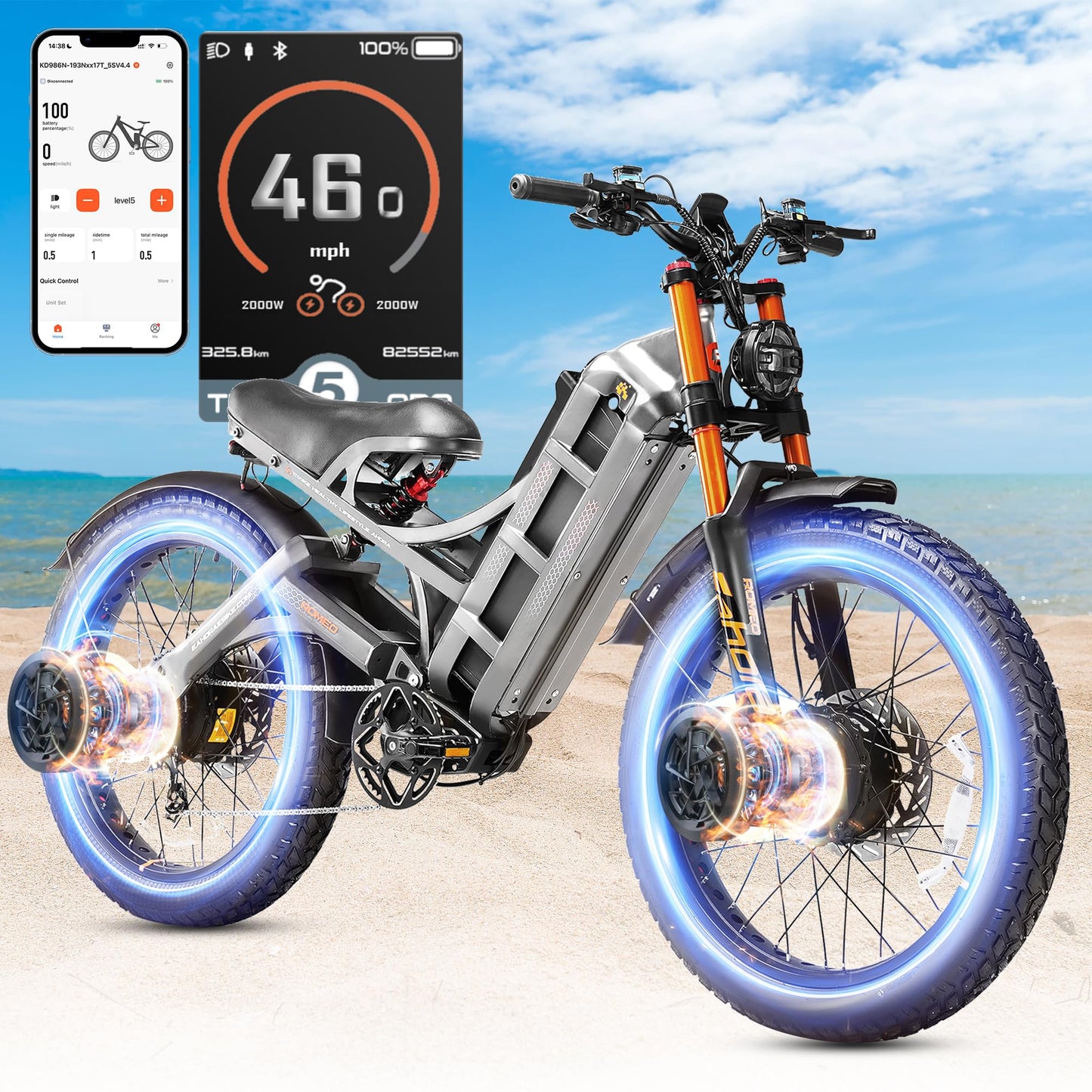 2025 Eahora Romeo Pro 2/Pro 3 46-50Mph Electric Bike for Adults, Peak 5600W/4000W Dual Motor Ebike, 60V 80Ah/52V 70Ah 235 Mile Long Range E Bike, 26*4.0" Fat Tire, Full Suspension, All Terrain, UL2849