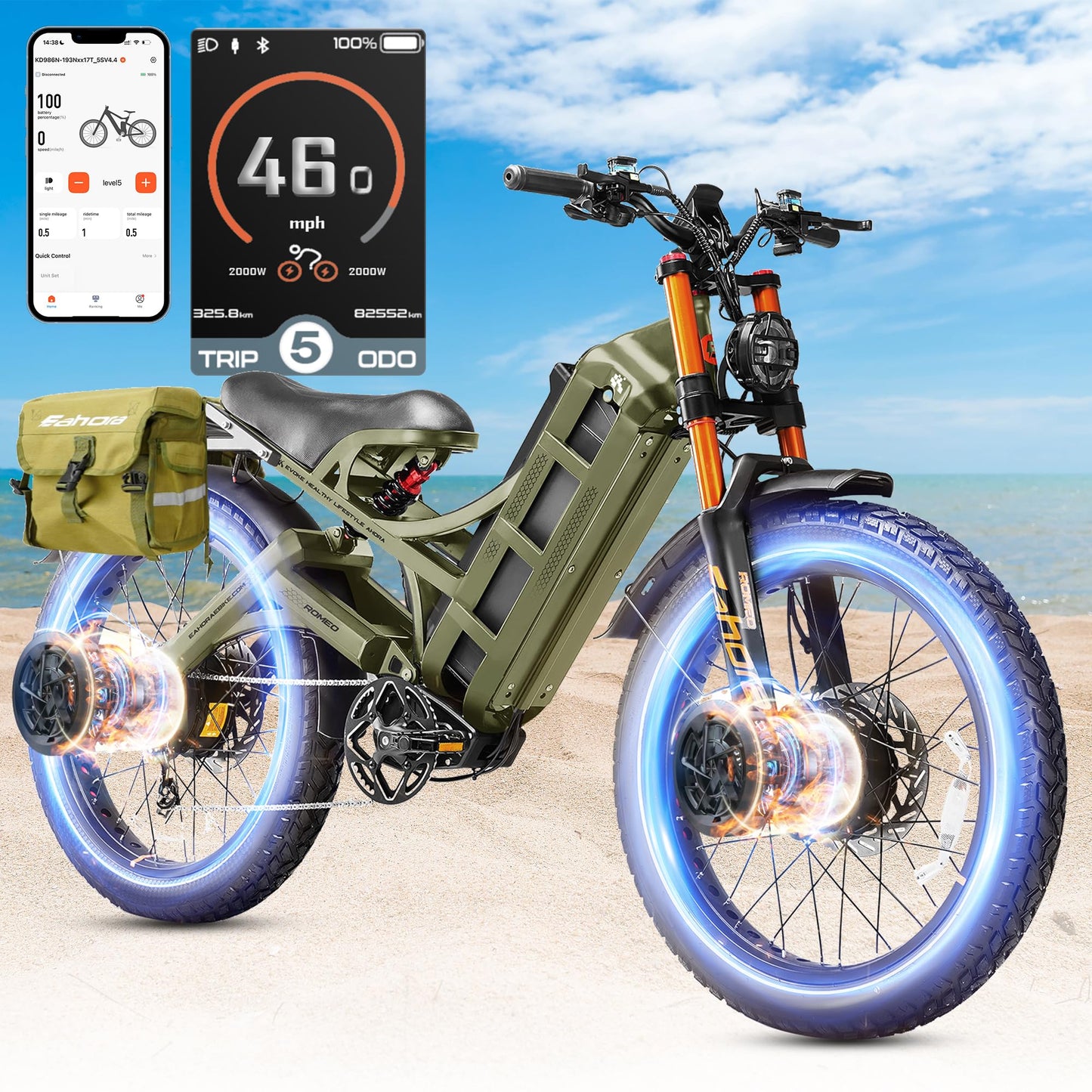 2025 Eahora Romeo Pro 2/Pro 3 46-50Mph Electric Bike for Adults, Peak 5600W/4000W Dual Motor Ebike, 60V 80Ah/52V 70Ah 235 Mile Long Range E Bike, 26*4.0" Fat Tire, Full Suspension, All Terrain, UL2849