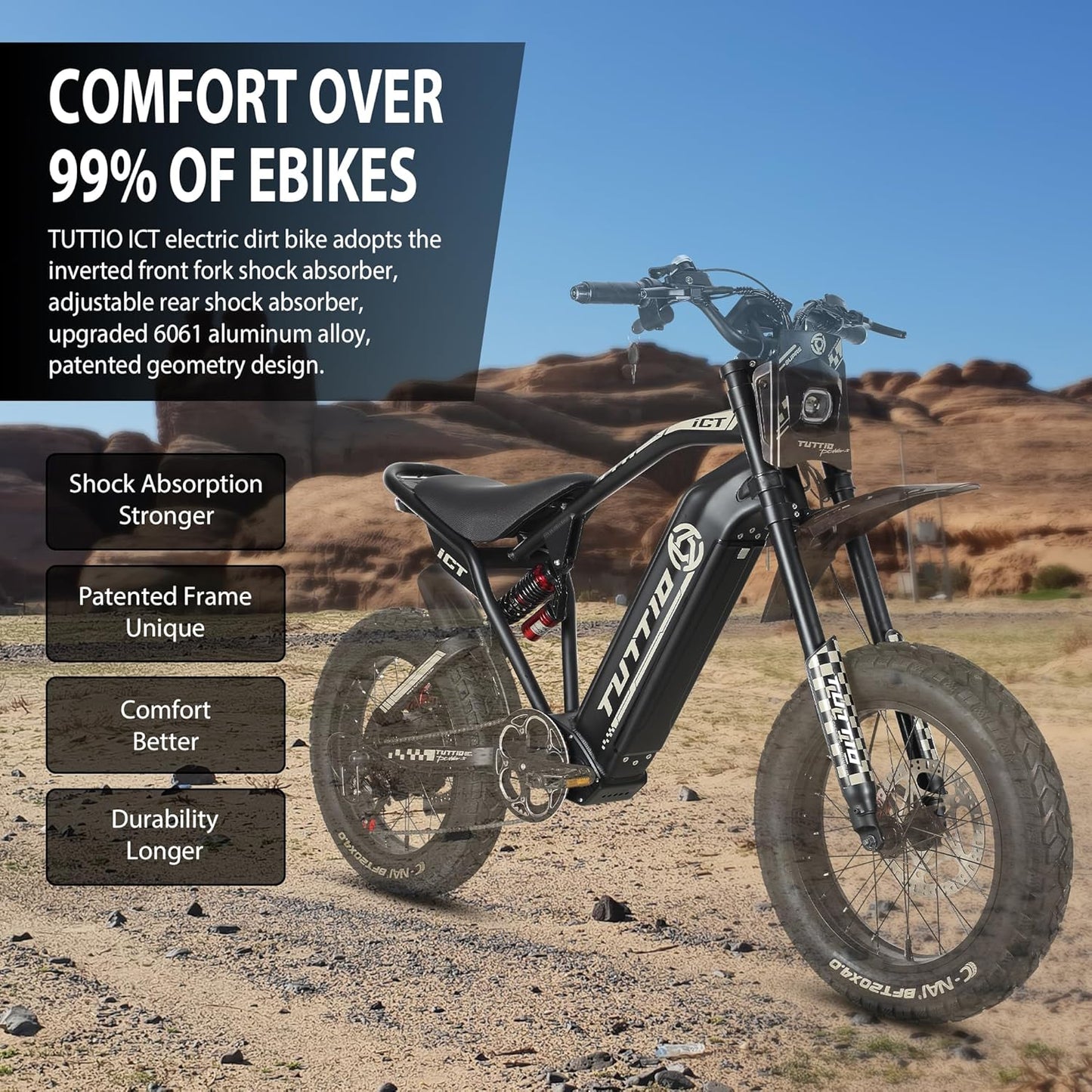 Electric-Dirt-Bike for Adults-Teens, ICT Peak 4000W-43MPH-60V-25AH Electric Motorcycle 20" Fat-Tire-Electric-Bike for Mountain Snow Off-Road Fit Age 16+