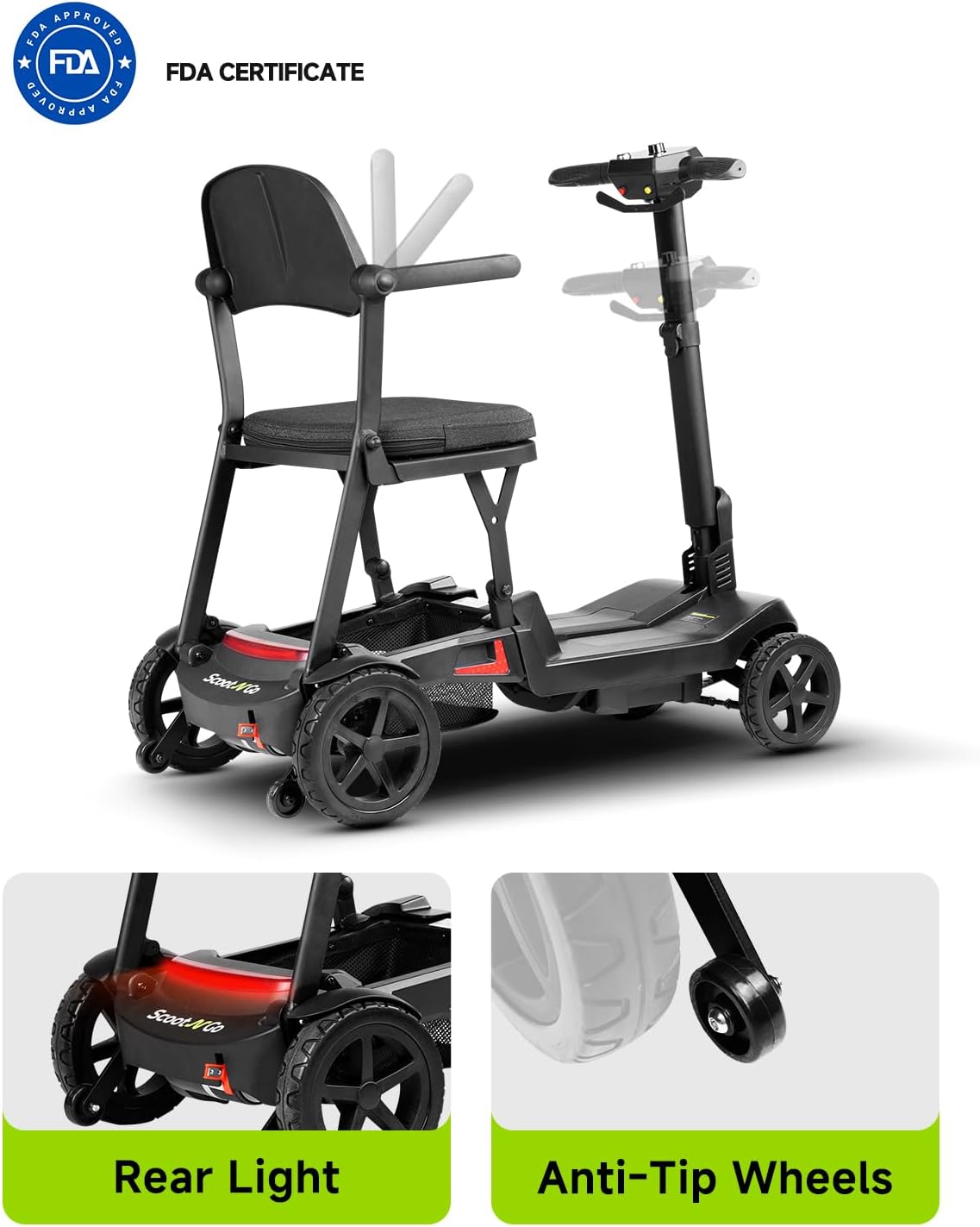 4 Wheel Mobility Scooter for Adults & Seniors Electric Powered Lightweight Foldable 5 MPH Speed 15 Miles Range Two Removable Batteries Airline Approved (Black Red, Standard)
