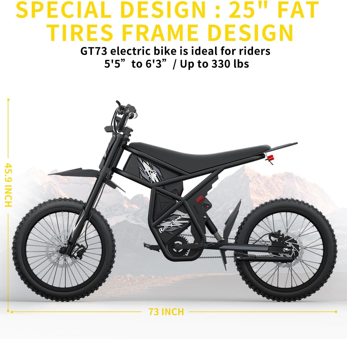 GT73 Pro/ GT73/ GT73 Mini - Electric Dirt Bike for Adults/Teens - 3000W/ 2500W Motor - 50/37 MPH High-Speed, 25"/14'' Fat Tires & Dual Removable Battery, All-Terrain Off-Road eBike for Snow, Sand